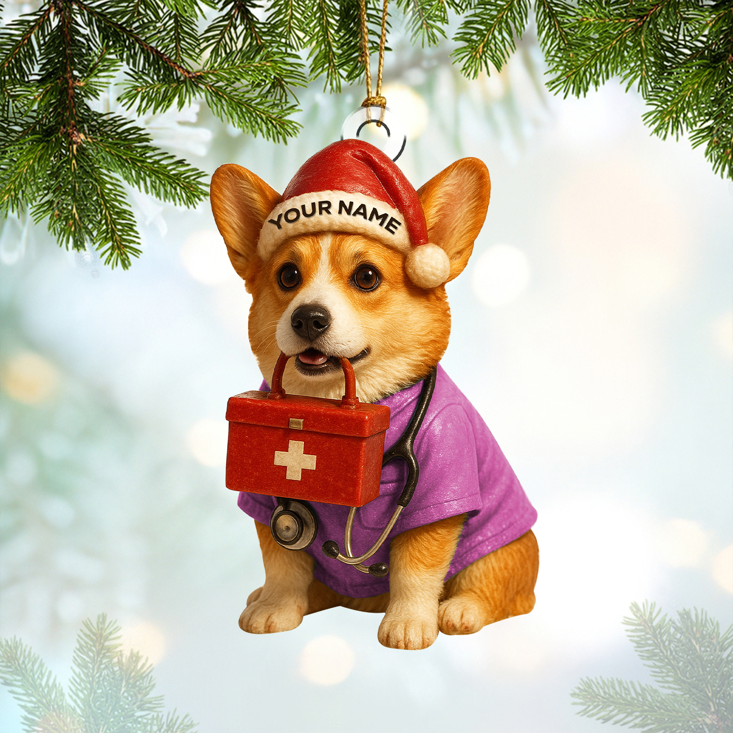 Personalized Corgi Nurse Christmas Ornament, Custom Name Dog Lover Ornament, Cute RN Holiday Gift for Healthcare Workers