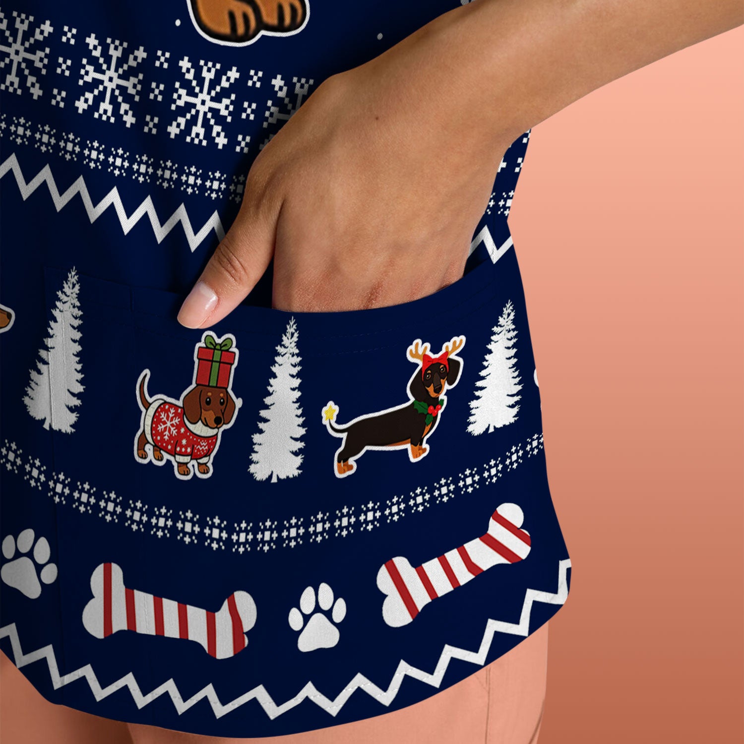Christmas Dachshund Nurse Scrub Top for Women - Cute Sausage Dog Wearing Lights - Funny Holiday Medical Shirt Gift for RN CNA LPN