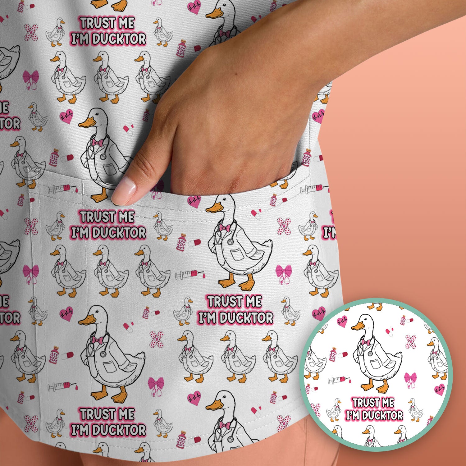 Trust Me I'm Ducktor Scrub Top, Funny Duck Pattern Scrub Shirt, Breathable Fabrics Nursing Uniform For Women