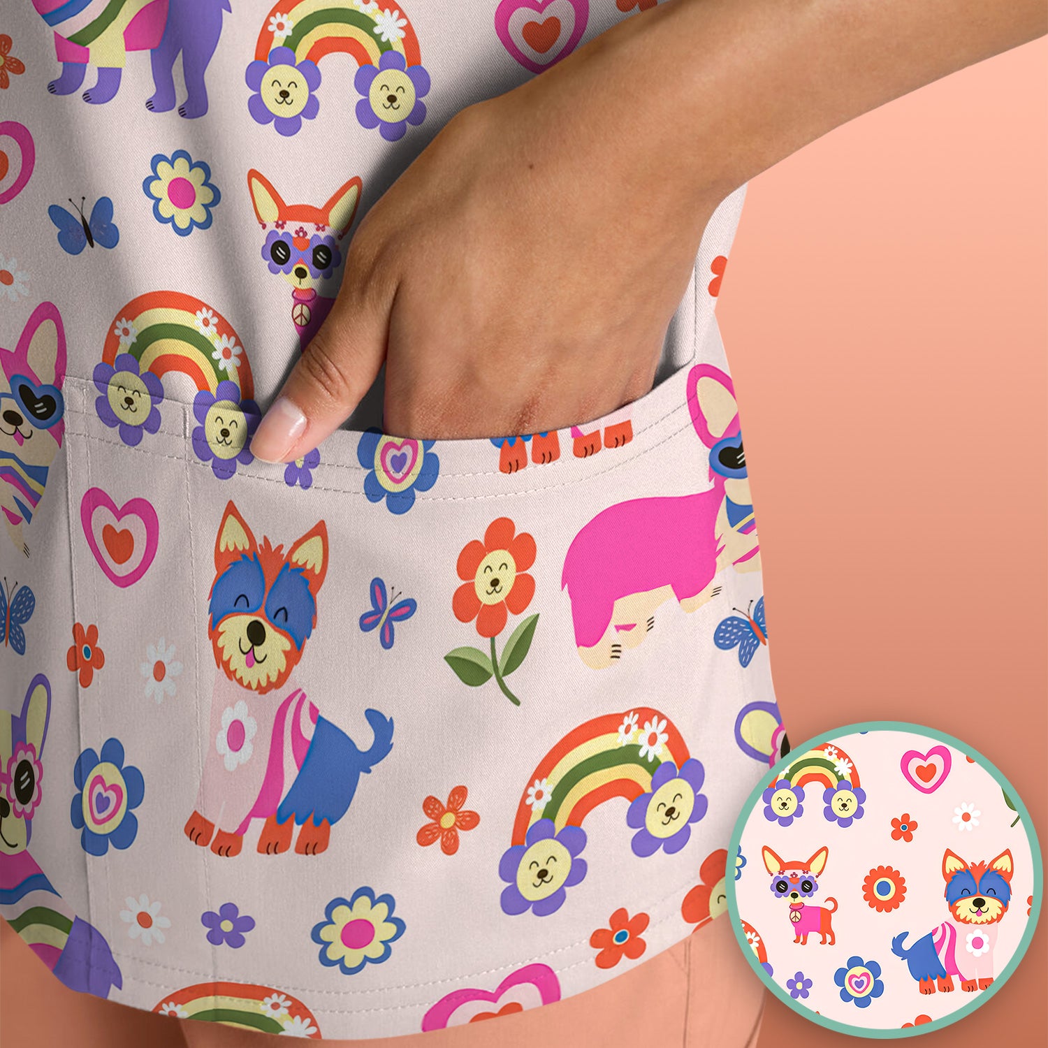 Colorful Cartoon Dogs With Rainbow Flowers Pattern Scrub Top, Breathable Fabrics Nursing Uniform