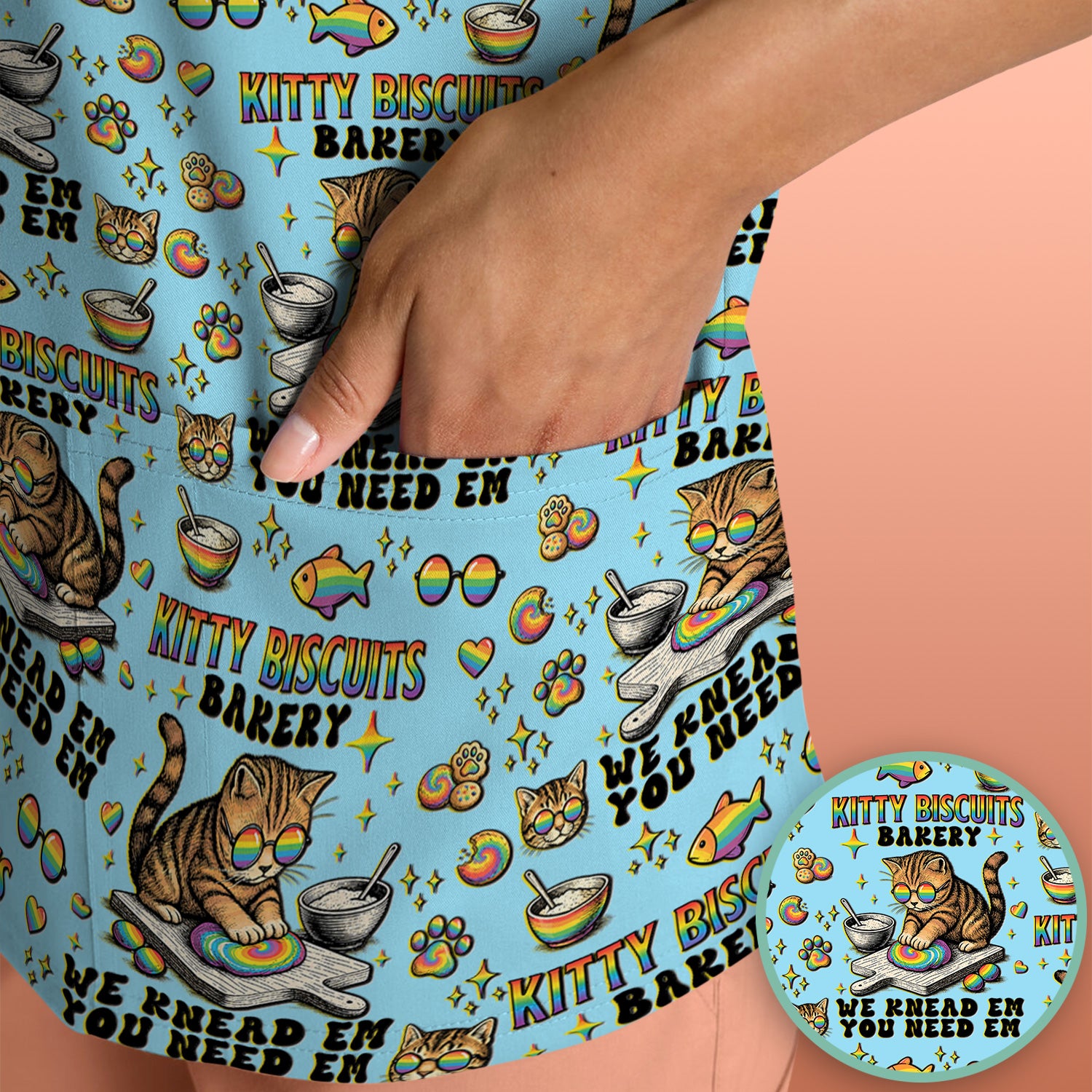 Pride Nurse Cat Baking Rainbow Dough Pattern Scrub Top, Breathable Fabrics Nursing Uniform