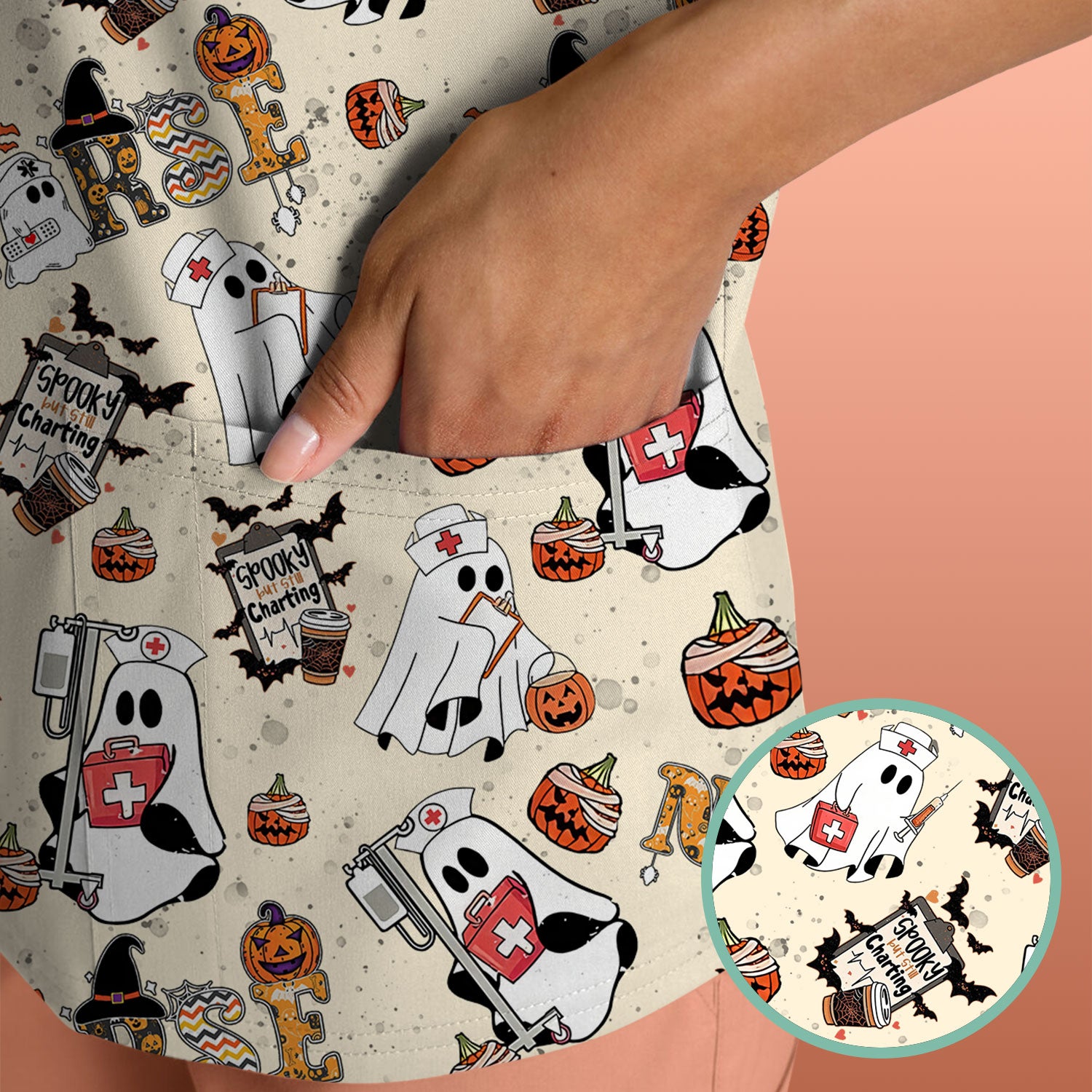 Halloween Scrub Top - Spooky But Still Charting - Funny Scrubs for Nurses - Horror Pumpkin Nursing Uniform