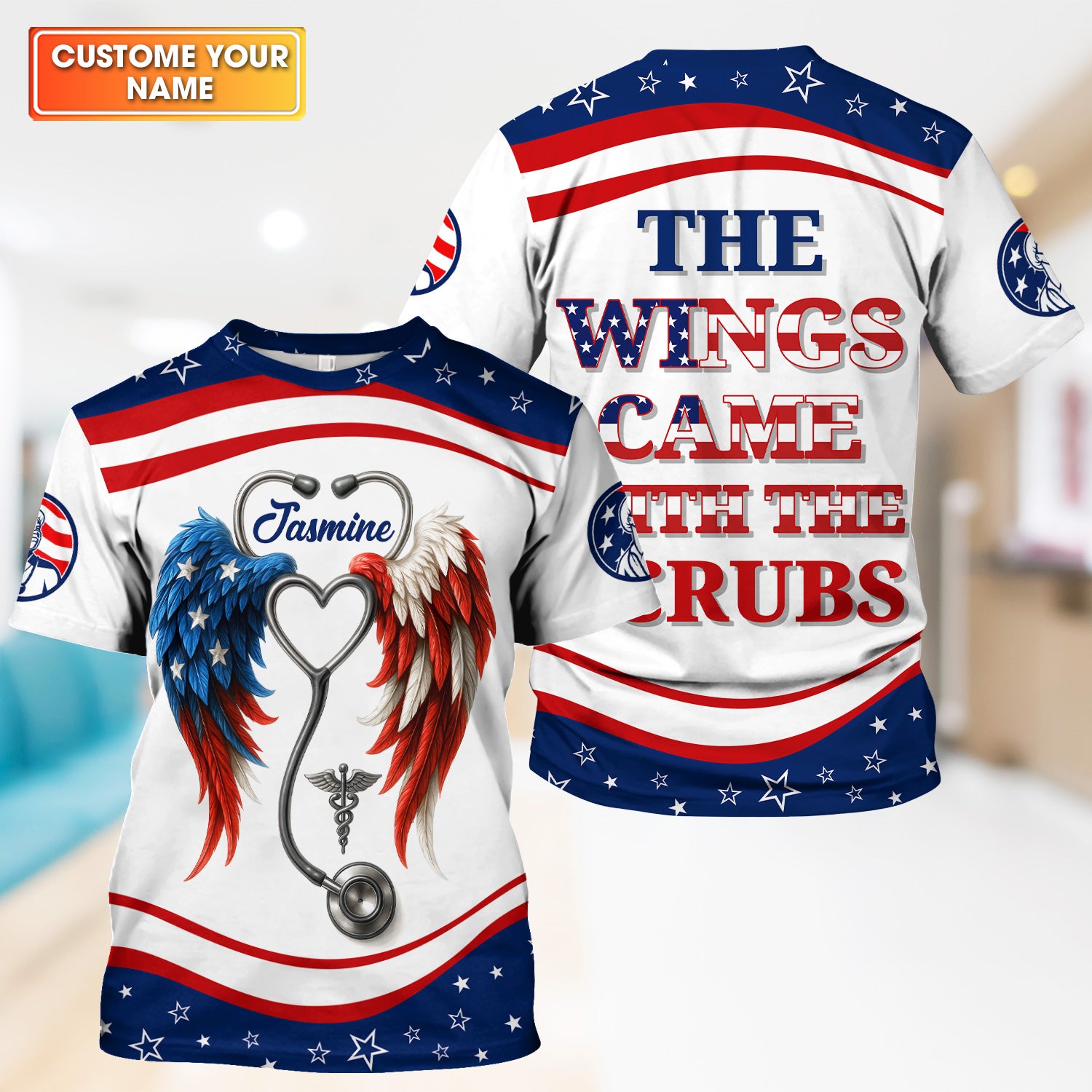 Personalized Nurse Shirt - American Flag Angel Wings & Scrubs Design - Patriotic Gift for RN LPN CNA Women
