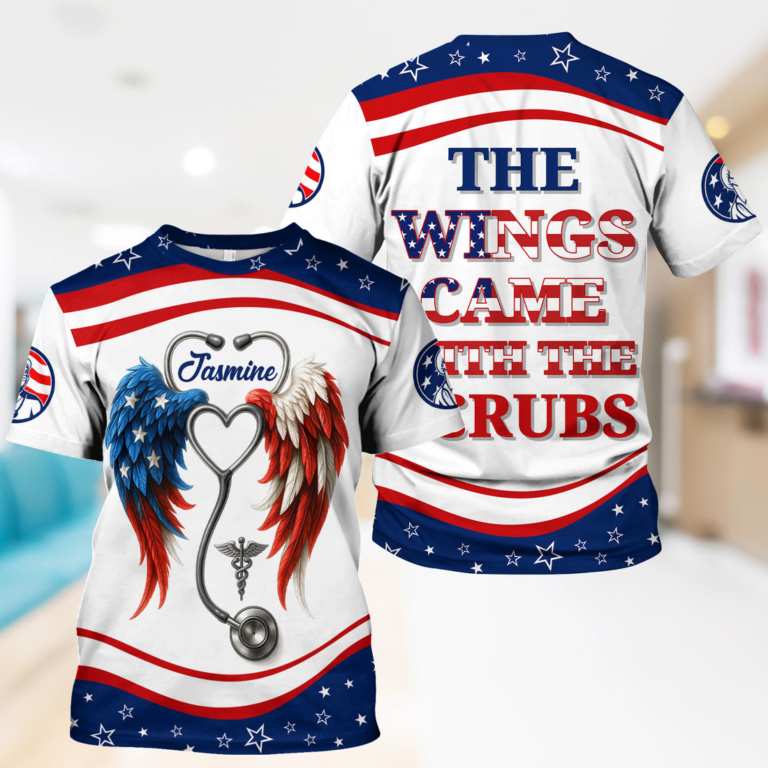 Personalized Nurse Shirt - American Flag Angel Wings & Scrubs Design - Patriotic Gift for RN LPN CNA Women