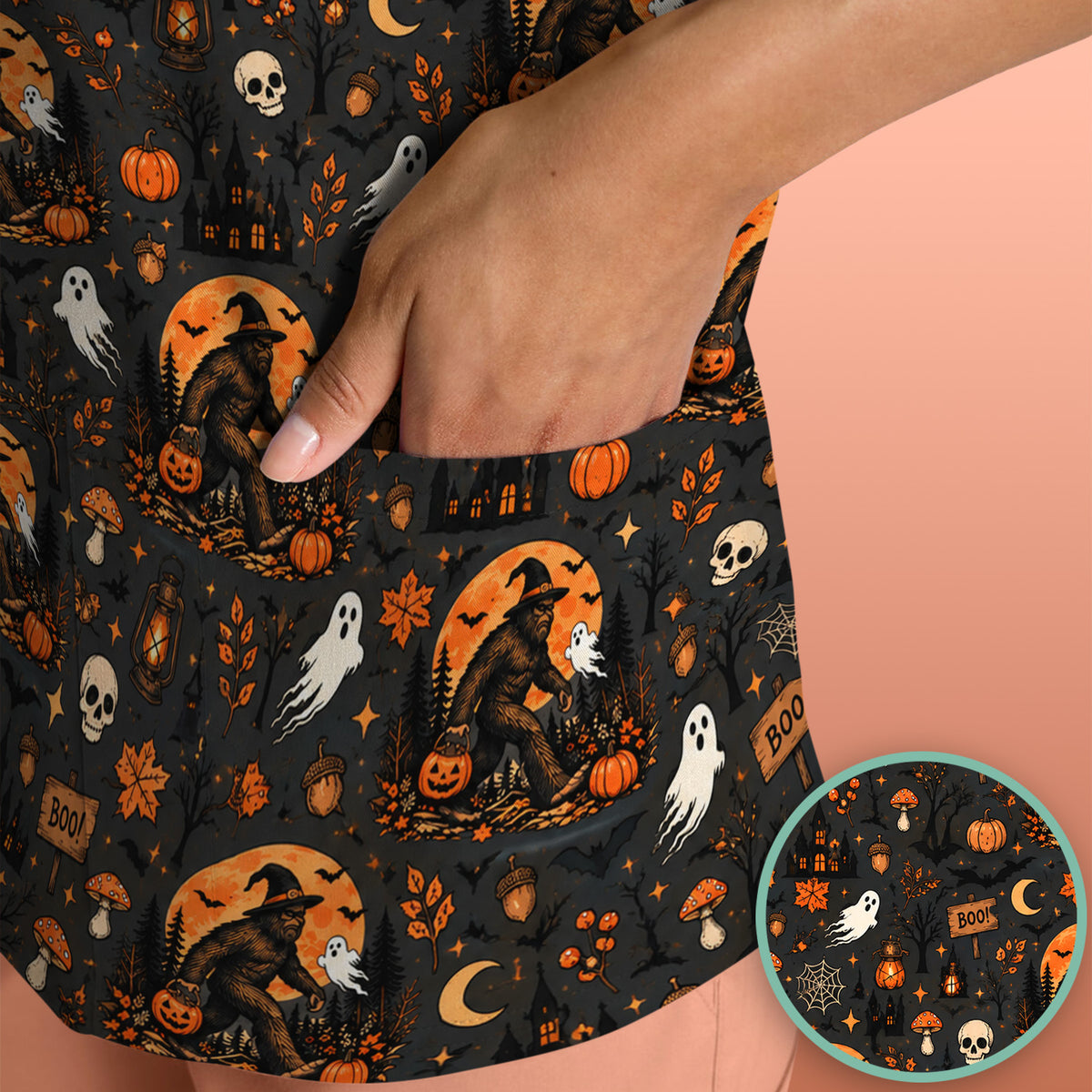 Halloween Bigfoot Ghost with Pumpkin Scrub Top, Comfortable Scrubs for Nurses