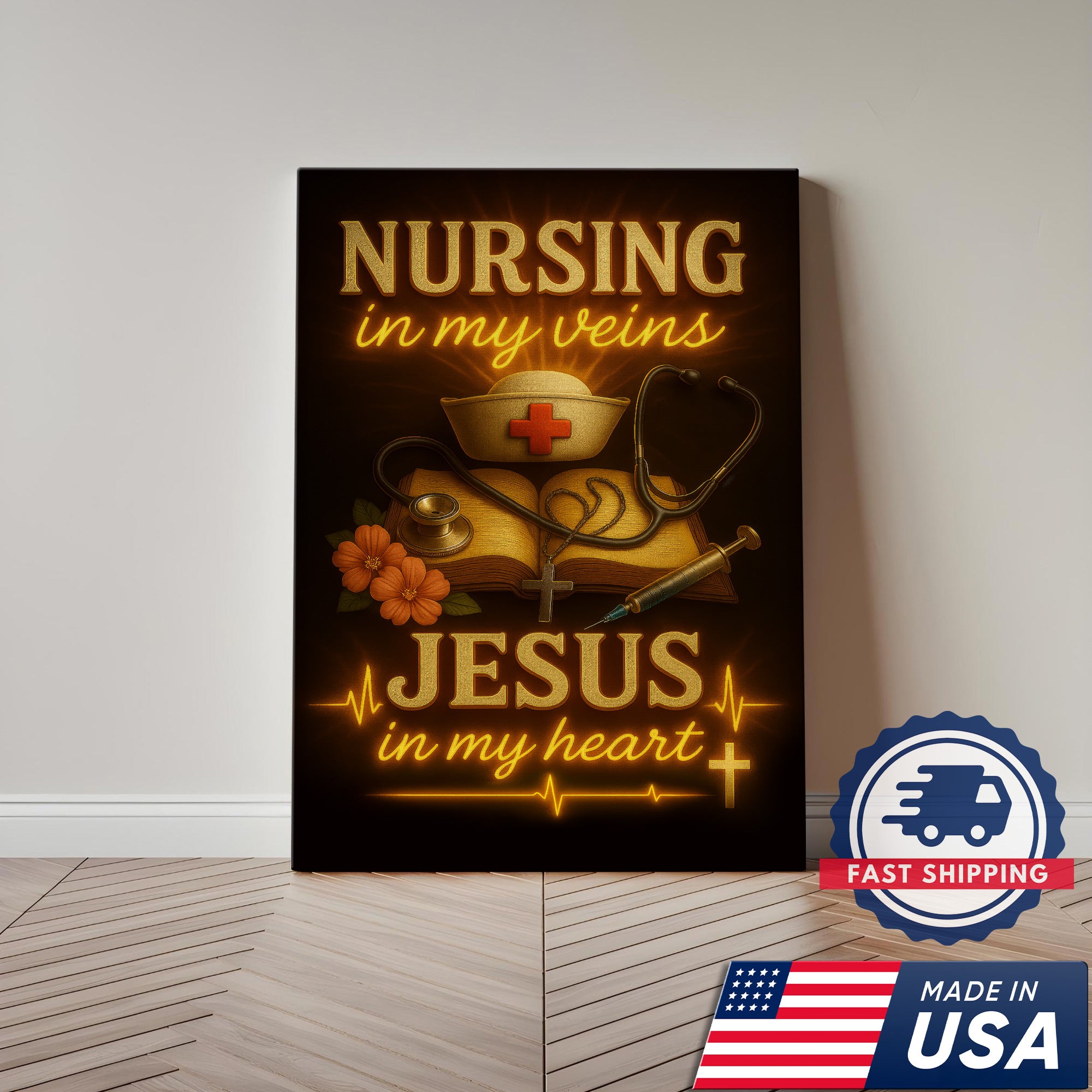 Christian Nurse Wall Art Canvas, Nursing in My Veins Jesus in My Heart, Gift for RN CNA LPN Women