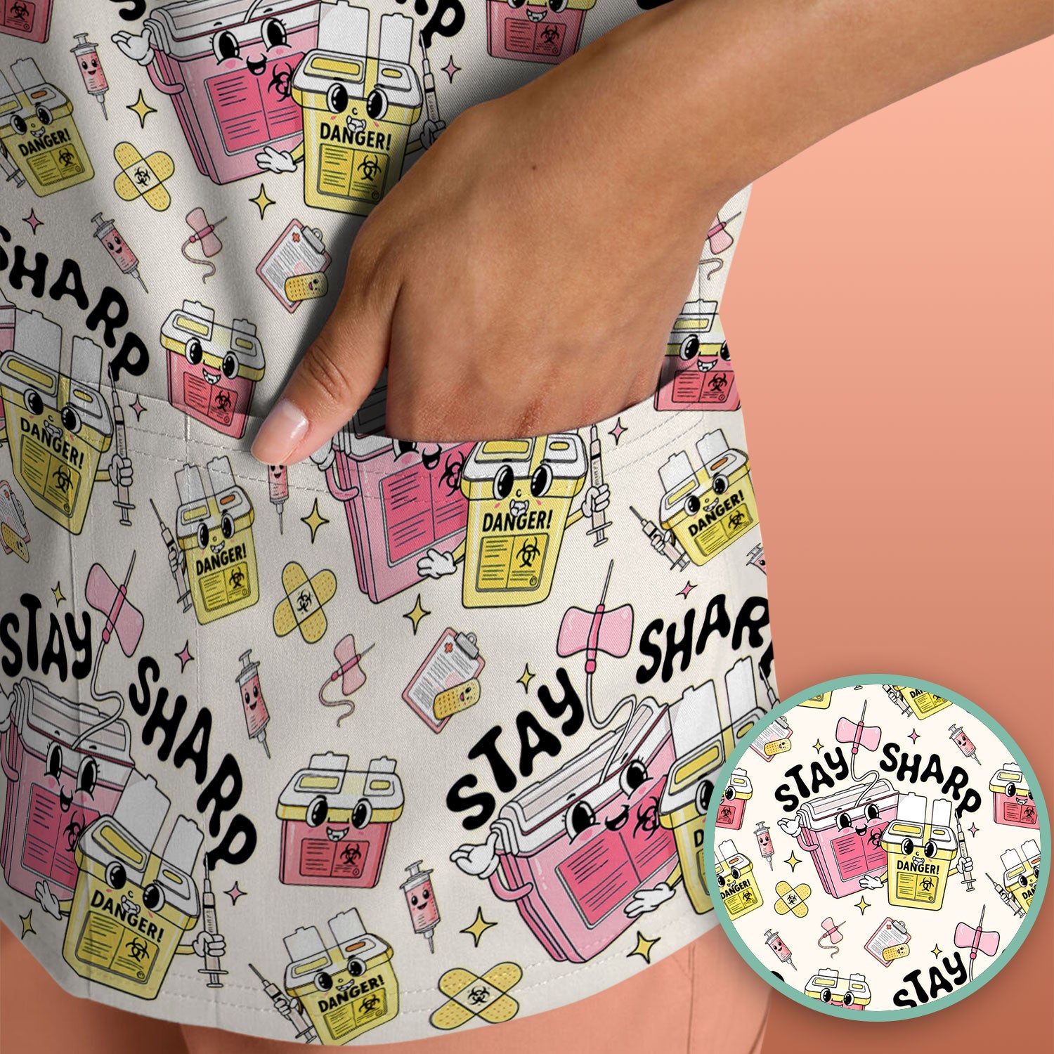 Stay Sharp Nurse Scrub Top, Cute Medical Pattern Scrubs, Breathable Fabrics Nursing Uniform