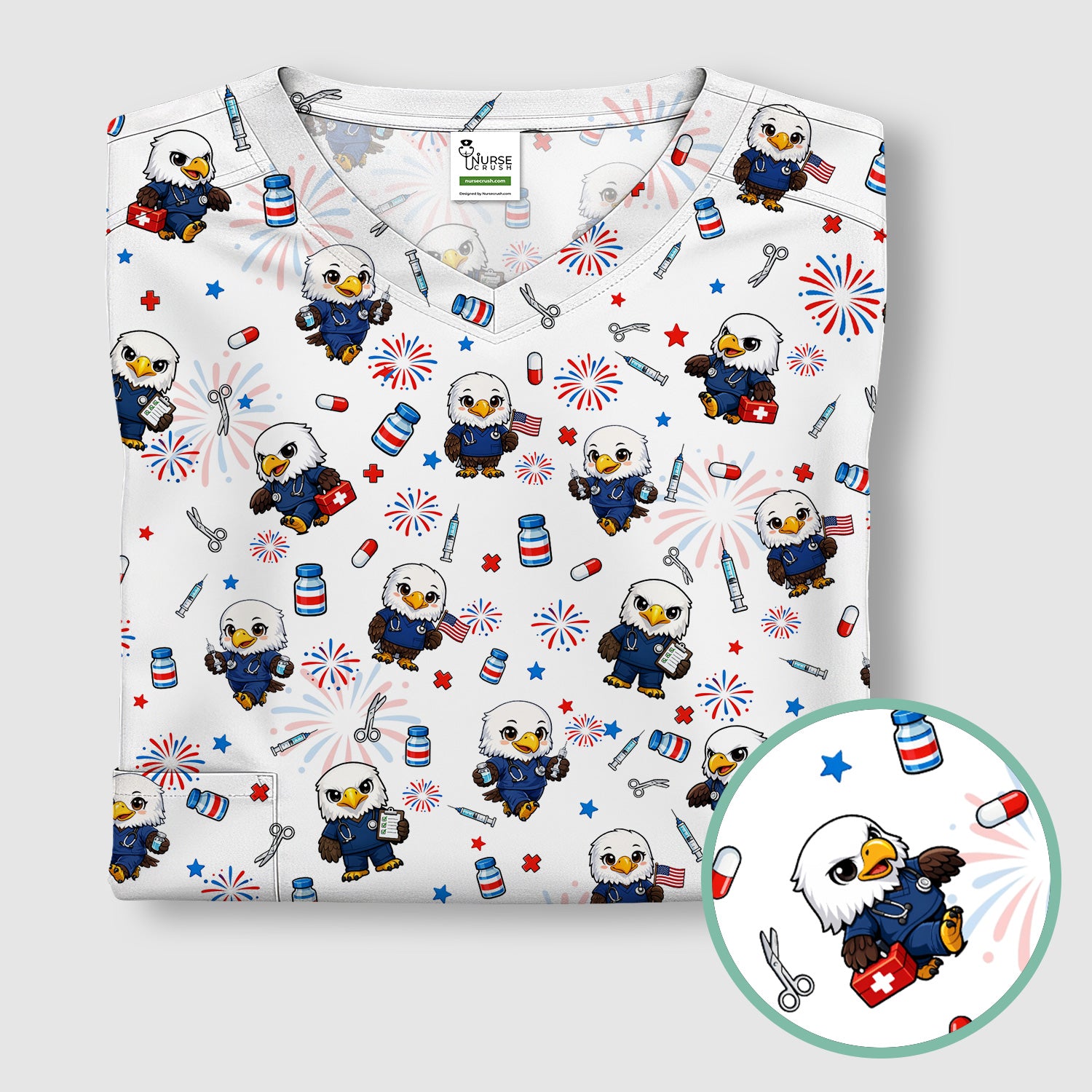 Patriotic Nurse Eagle Fireworks Medical Pattern Scrub Top, Breathable Fabrics Nursing Uniform
