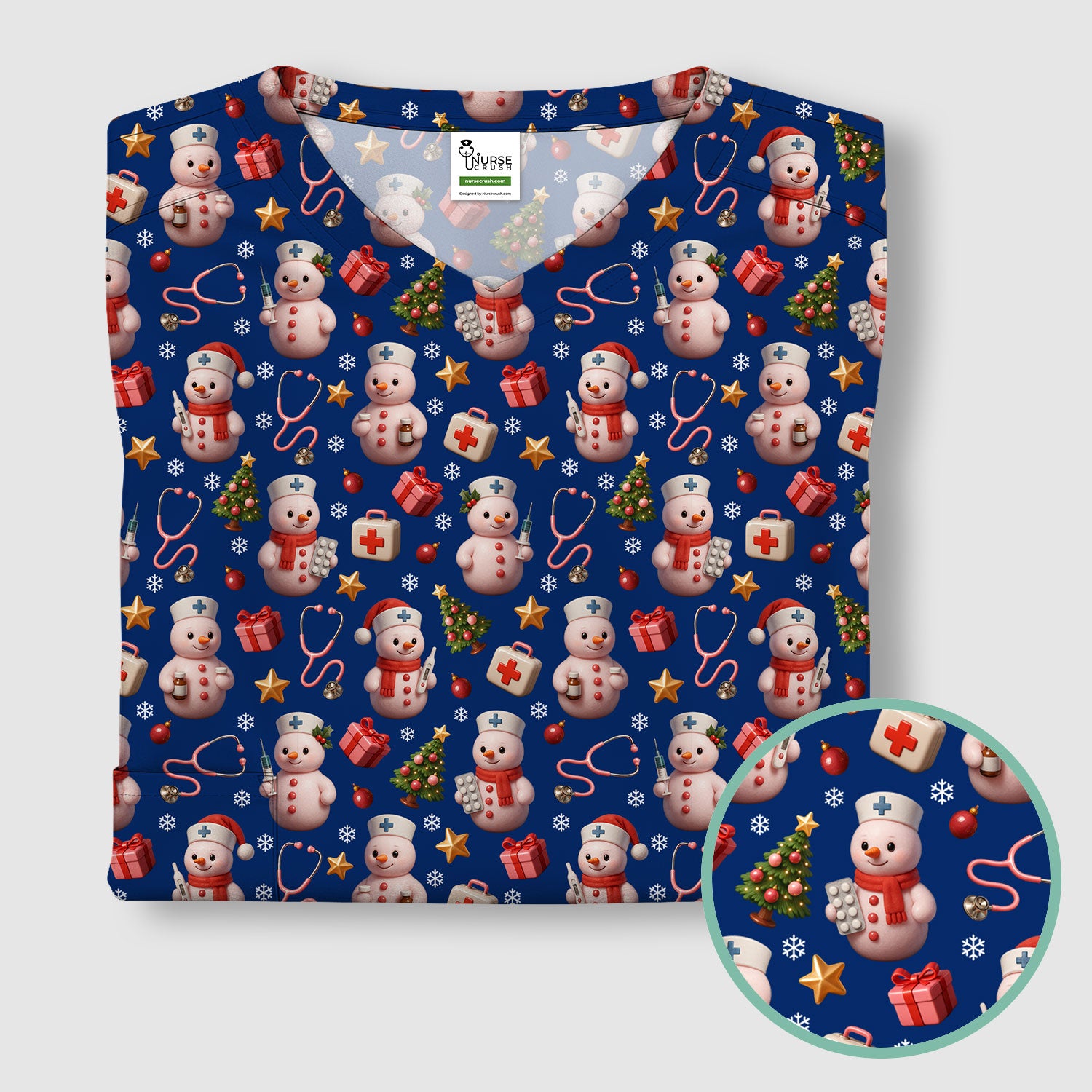 Snowman Pattern Christmas Nurse Scrub Top - Cute Holiday Medical Shirt - Funny Festive Scrubs Gift for RN LPN CNA Nurses