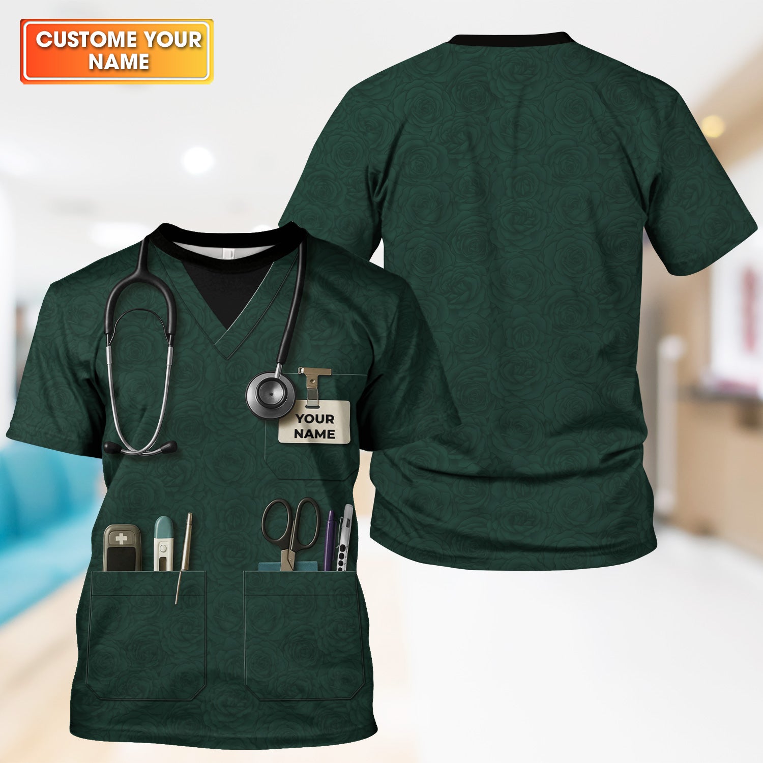 Personalized Nurse Utility Shirt with Tools - Custom Green Scrubs Gift for RN, CNA, LPN, Nursing Student - Funny Medical Uniform T-Shirt for Women and Men