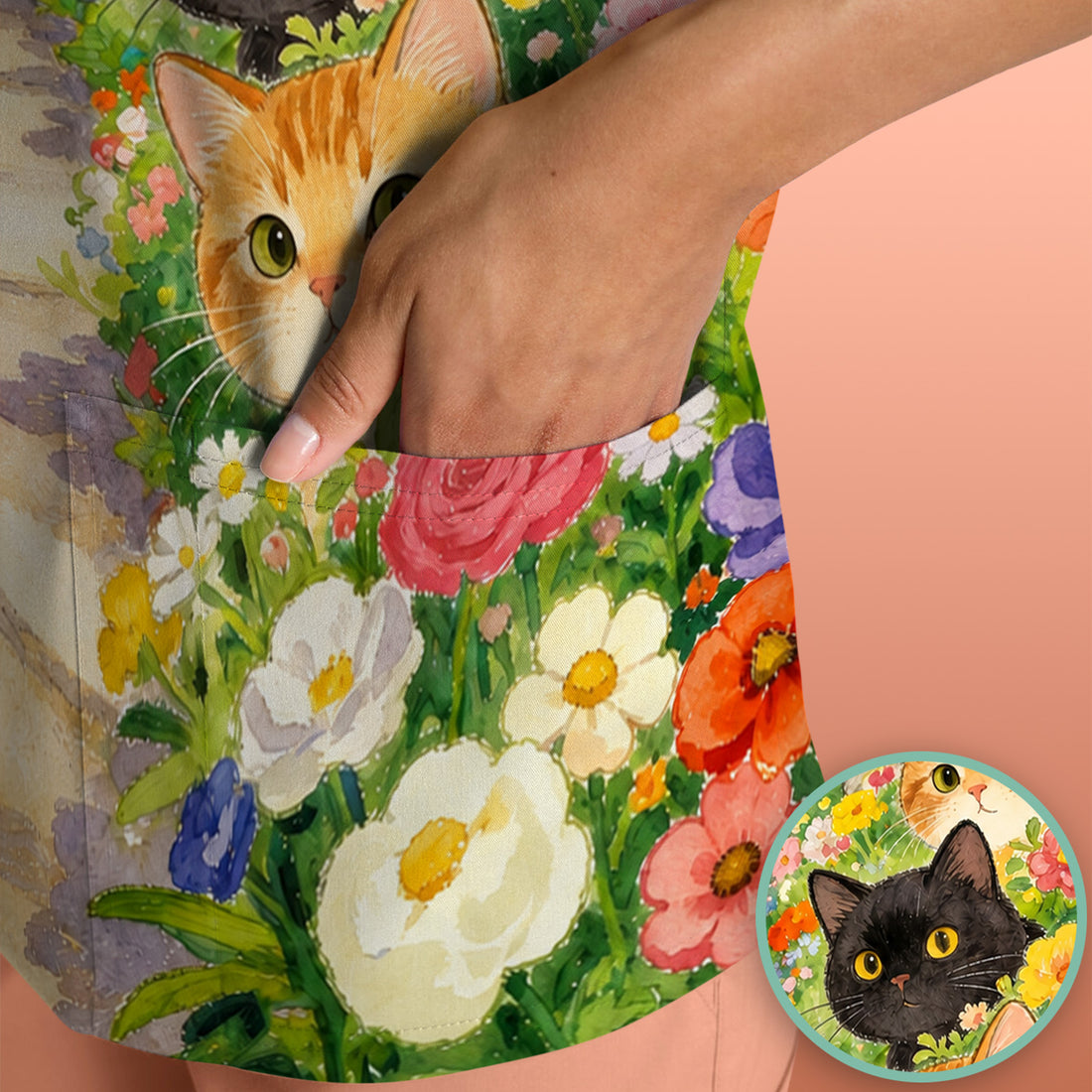 Cute Garden Cats Flower Path Pattern Scrub Top, Comfortable Scrubs for Nurses