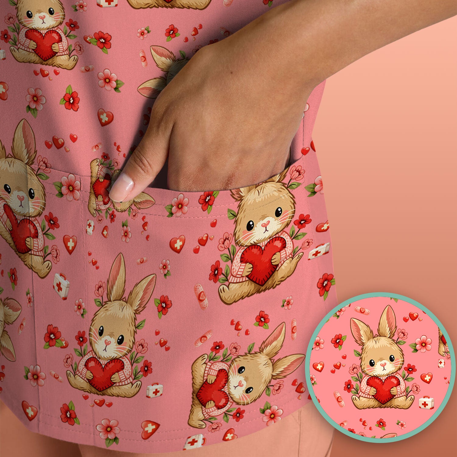 Adorable Bunny Heart Healthcare Design Scrub Top, Comfortable Scrubs for Nurses, Easter