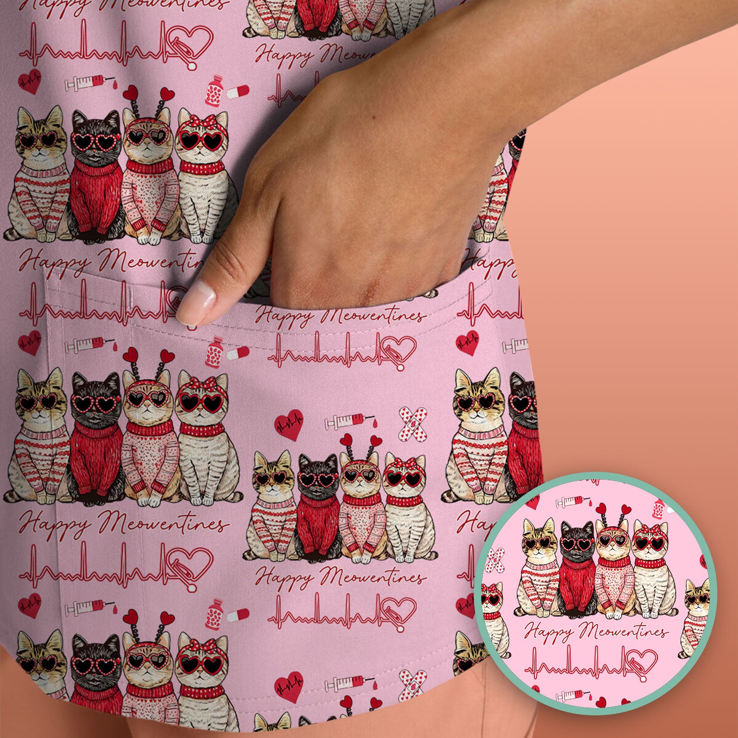 Happy Meowtines Cat Pattern Scrub Top, Valentine Cat Lover Nurse Scrub Shirt, Heartbeat Medical Pattern Nursing Uniform