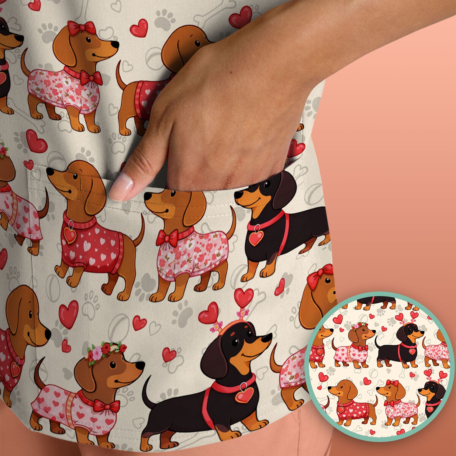 Valentine Dachshund Scrub Top, Wiener Dog Love Pattern Nurse Shirt, Breathable Fabrics Nursing Uniform