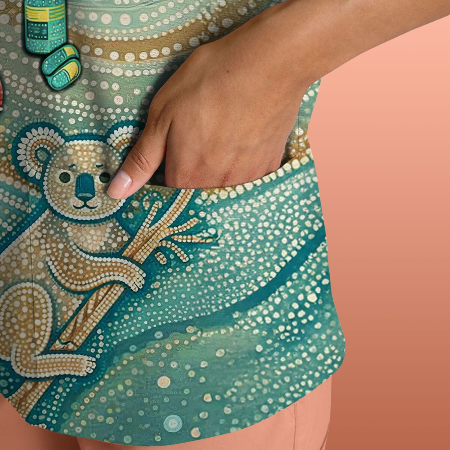 Australian Wildlife Dot Art Inspired Medical Scrub Top - Aussie Women V-Neck Shirt