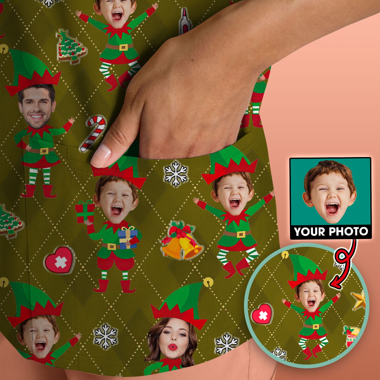 Personalized Face Nurse Shirt, Custom Photo Christmas Scrub Top, Funny Holiday Medical Uniform For Nursing