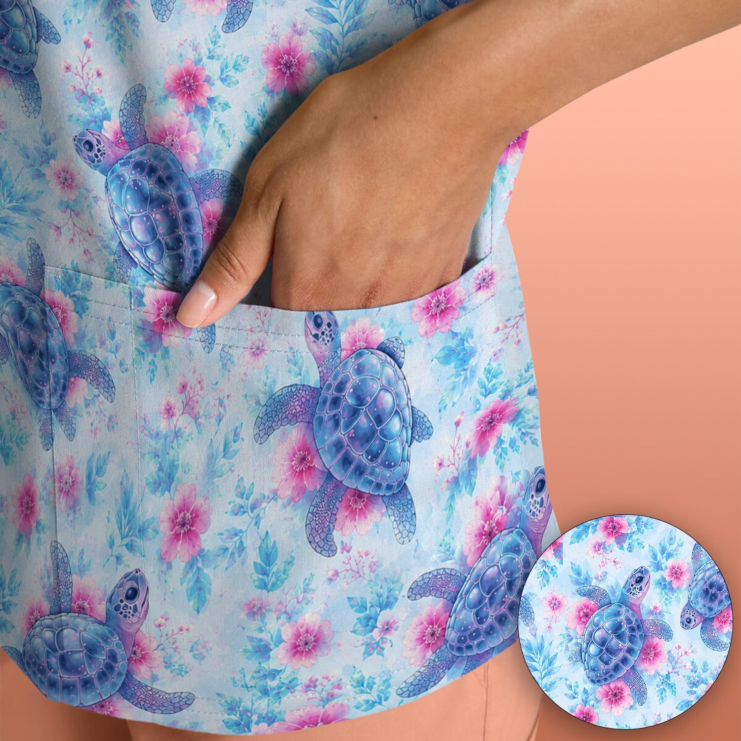 Cute Sea Turtle Floral Print Scrub Top, Comfortable Scrubs for Nurses