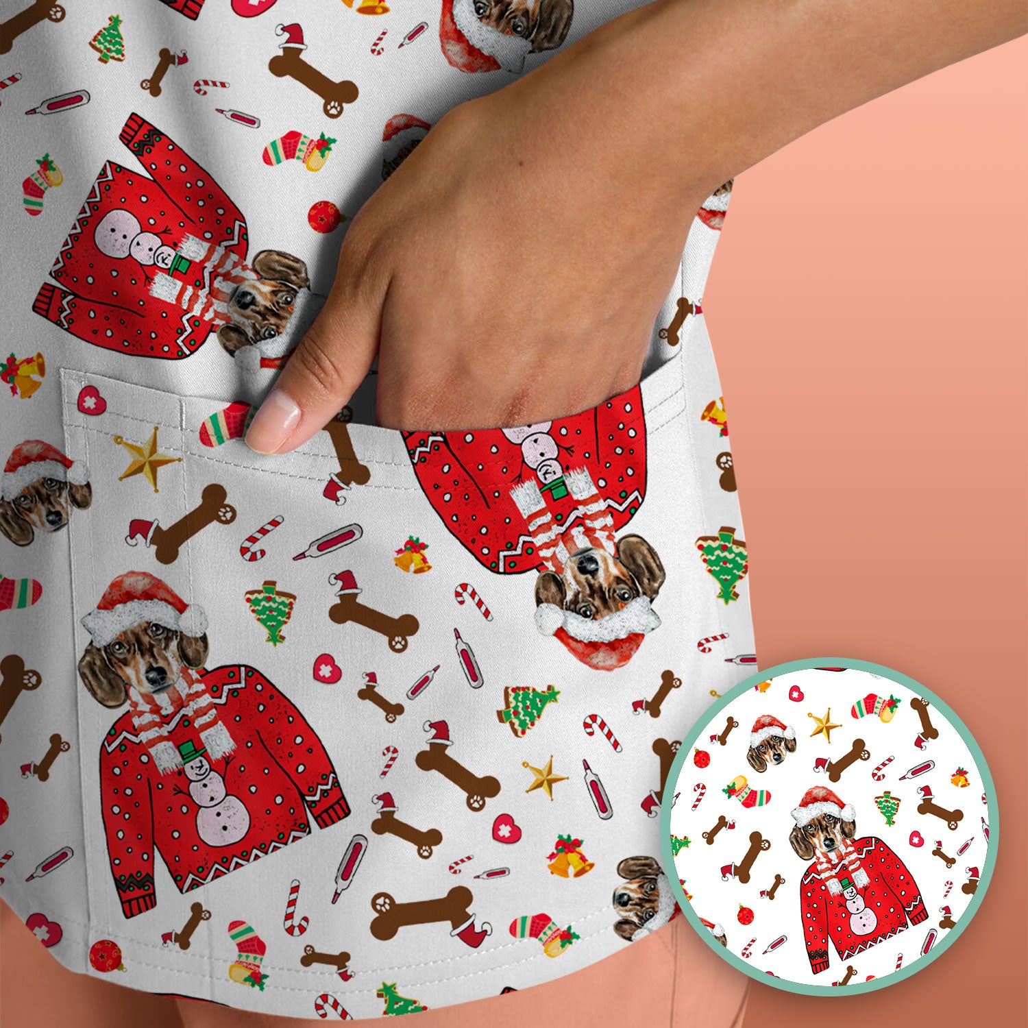 Funny Dog Christmas Scrub Top – Cute Puppy in Santa Outfit Pattern – Festive Holiday Medical Uniform For Nurses And Pet Lovers