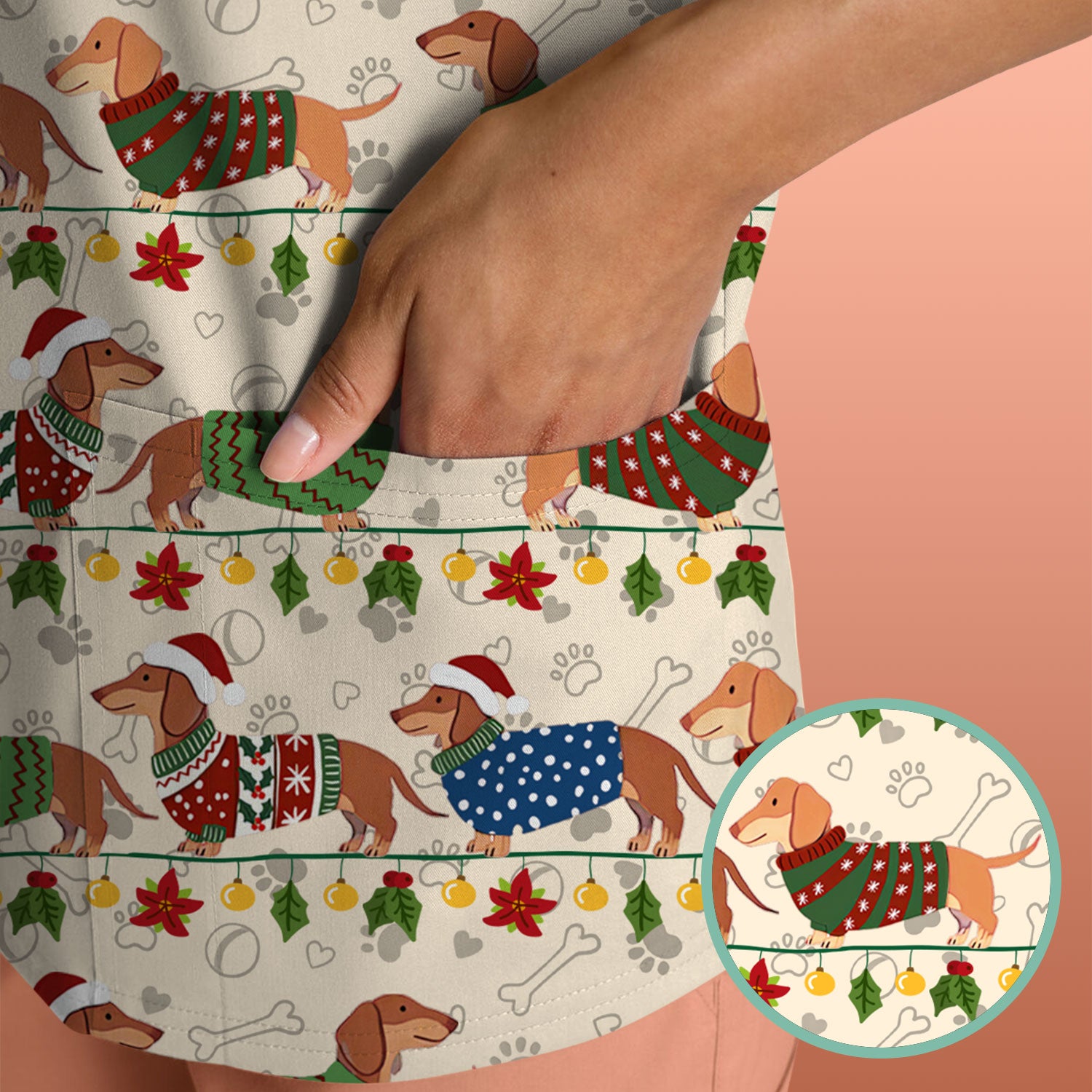 Christmas Dachshund Scrub Top - Cute Dog Print Scrubs for Women, Men Multi Color - Holiday Scrub Shirt Gift for Nurse, CNA, RN, Doctor
