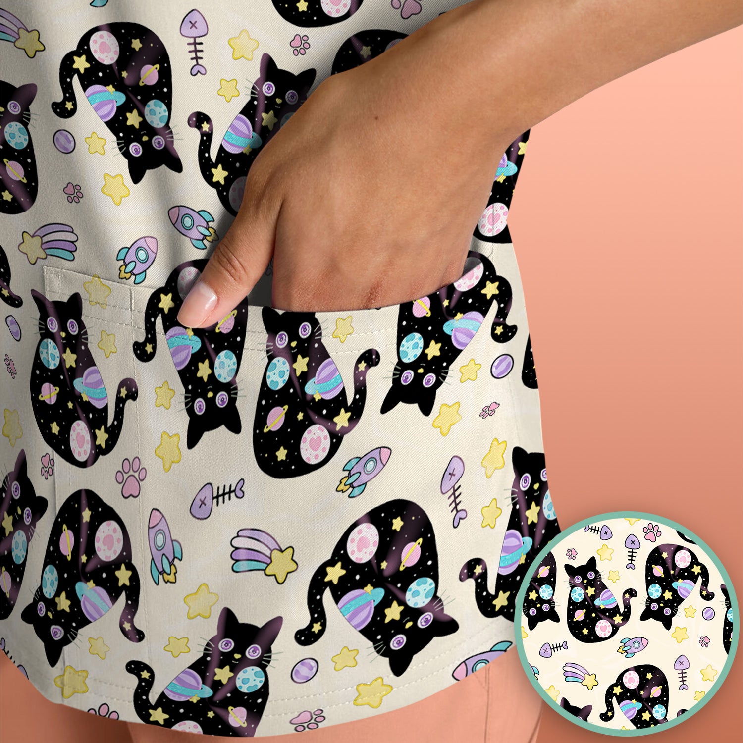 Galaxy Black Cat Space Pattern Scrub Top, Breathable Fabrics Nursing Uniform