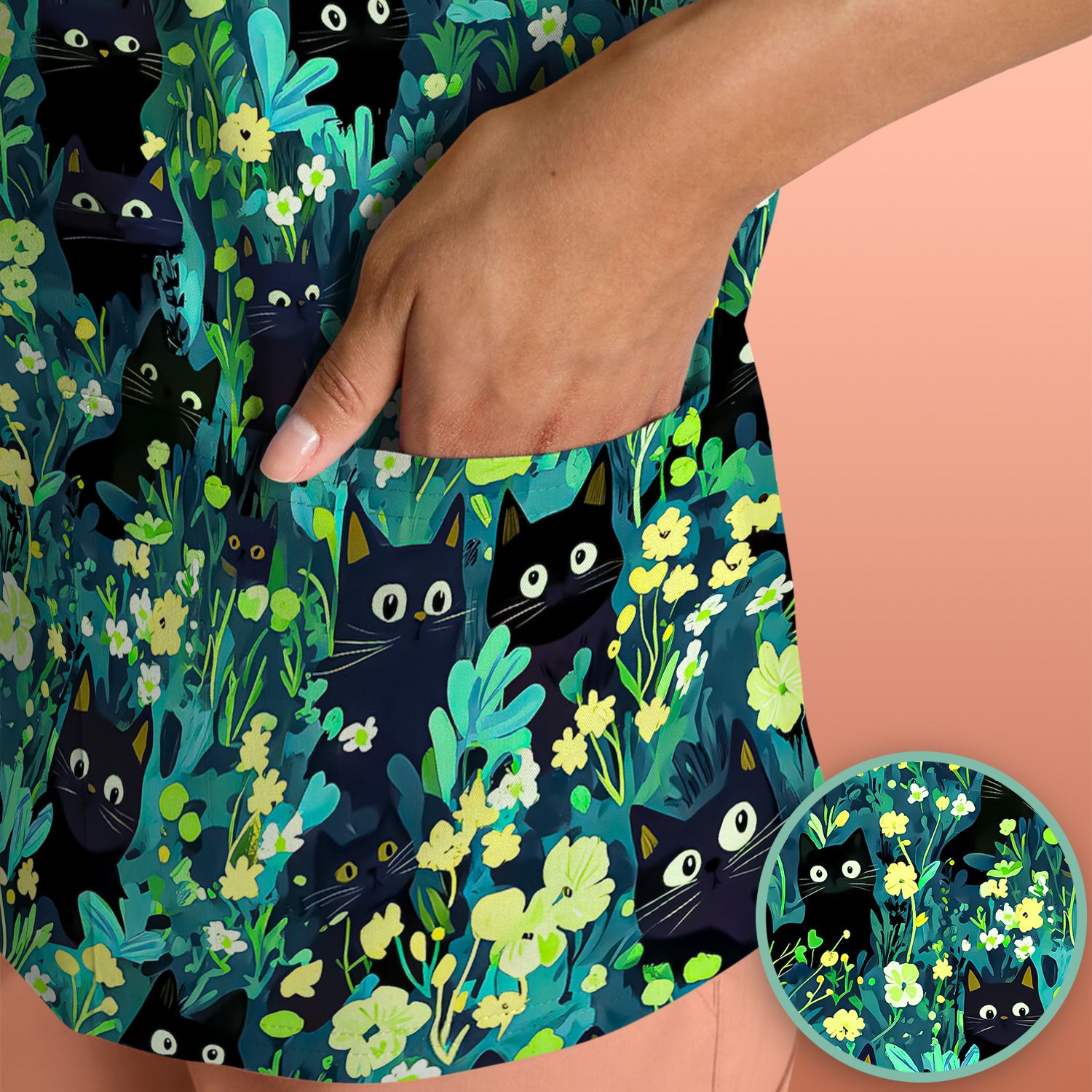Black Cat Floral Pattern Scrub Top, Comfortable Scrubs for Nurses