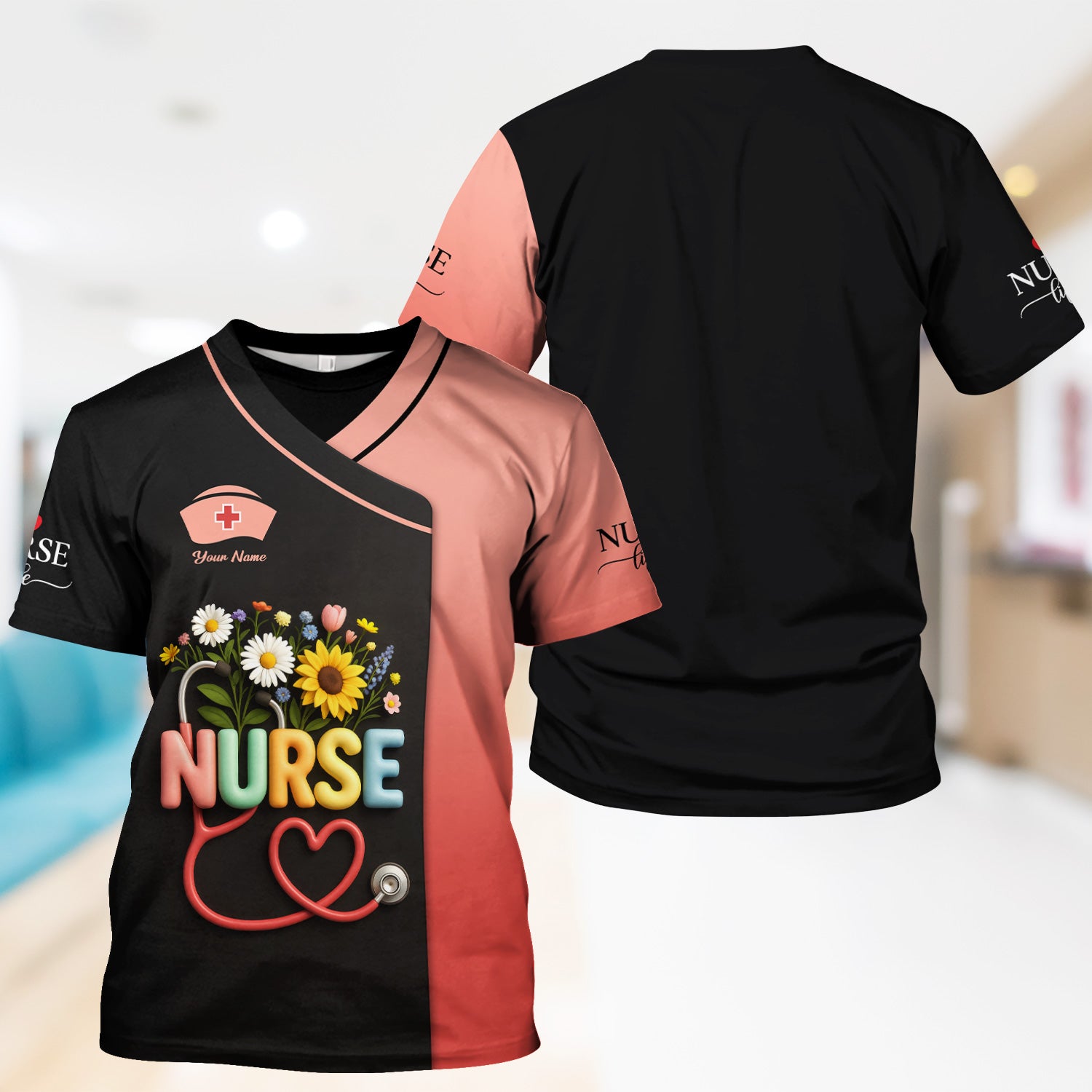Colorful Floral Nurse Shirt - Personalized Scrub-Style Tee with Heart Stethoscope & Daisies - Gift for RN CNA LPN