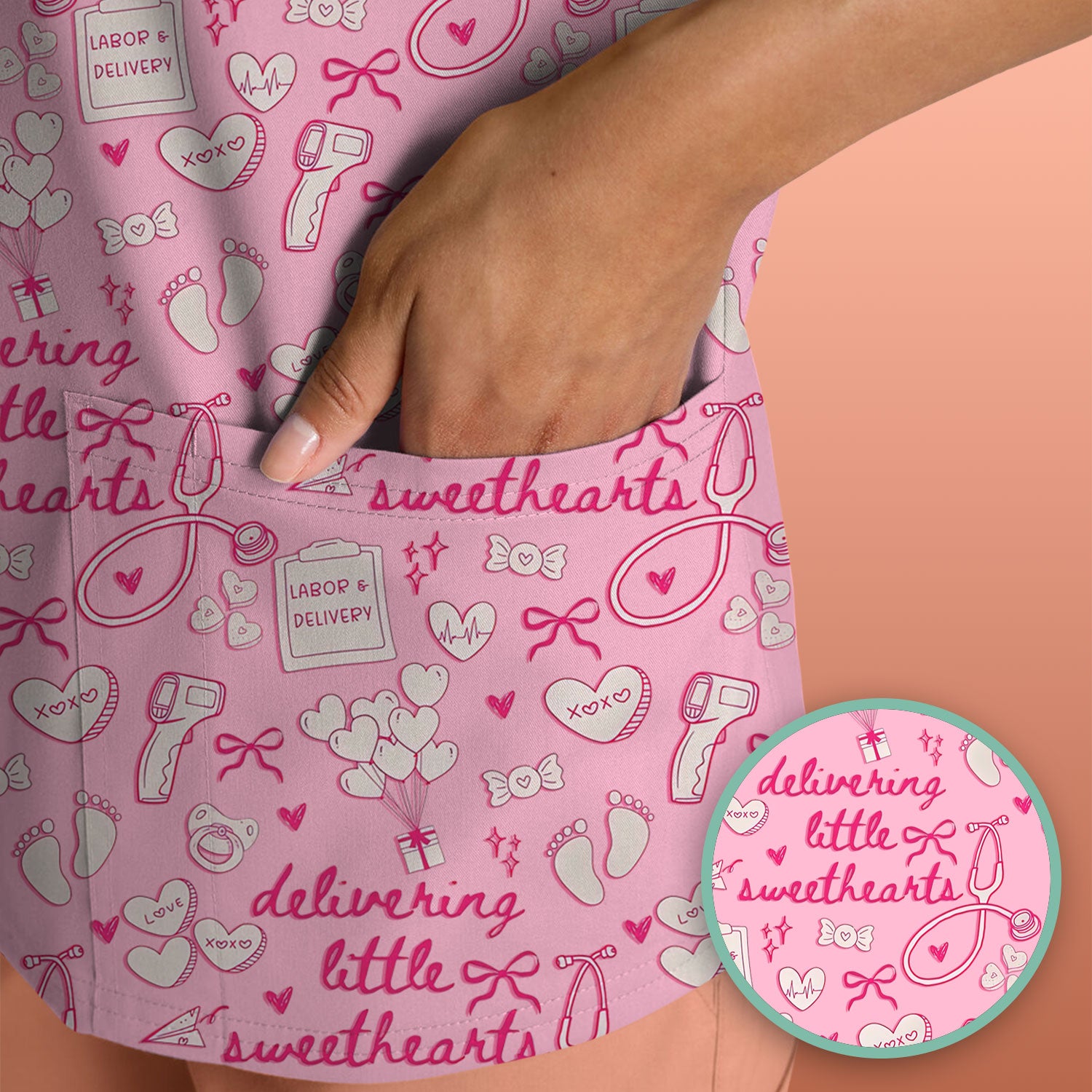 Valentine Labor And Delivery Scrub Top, XOXO Pattern Scrub Shirt, Breathable Fabrics Nursing Uniform For Women