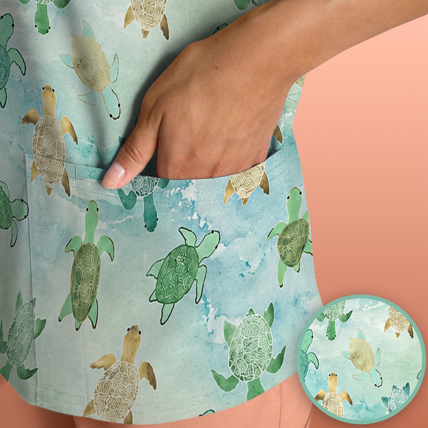 Watercolor Sea Turtle Pattern Scrub Top, Comfortable Scrubs for Nurses