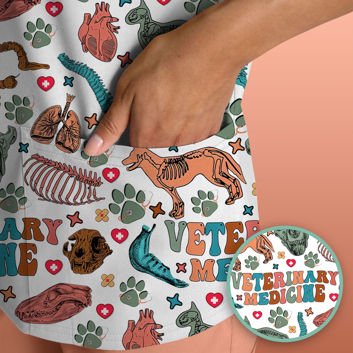Veterinary Medicine Scrub Top - Cute Animal Anatomy Pattern Medical Shirt - Fun Vet Tech Nurse Scrubs for Women