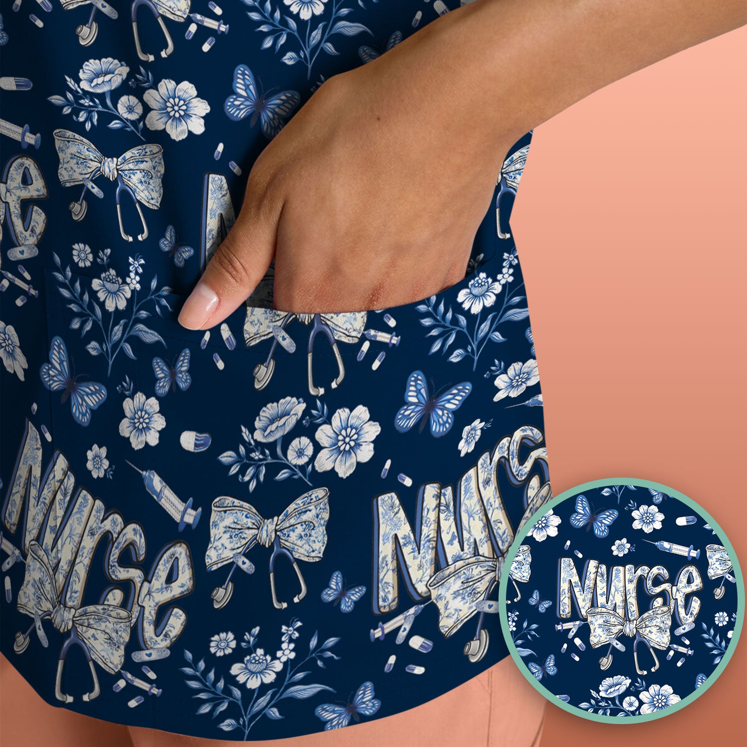 Blue Nurse Letter Bow Butterfly Floral Print Scrub Top, Comfortable Scrubs for Nurses