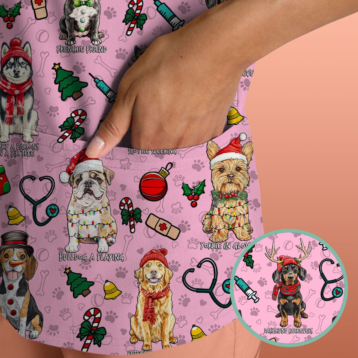 Christmas Dog Scrubs for Nurses – Dachshund, Husky, Poodle, Corgi & Labrador Holiday Scrub Top – Funny Santa Pattern Medical Shirt