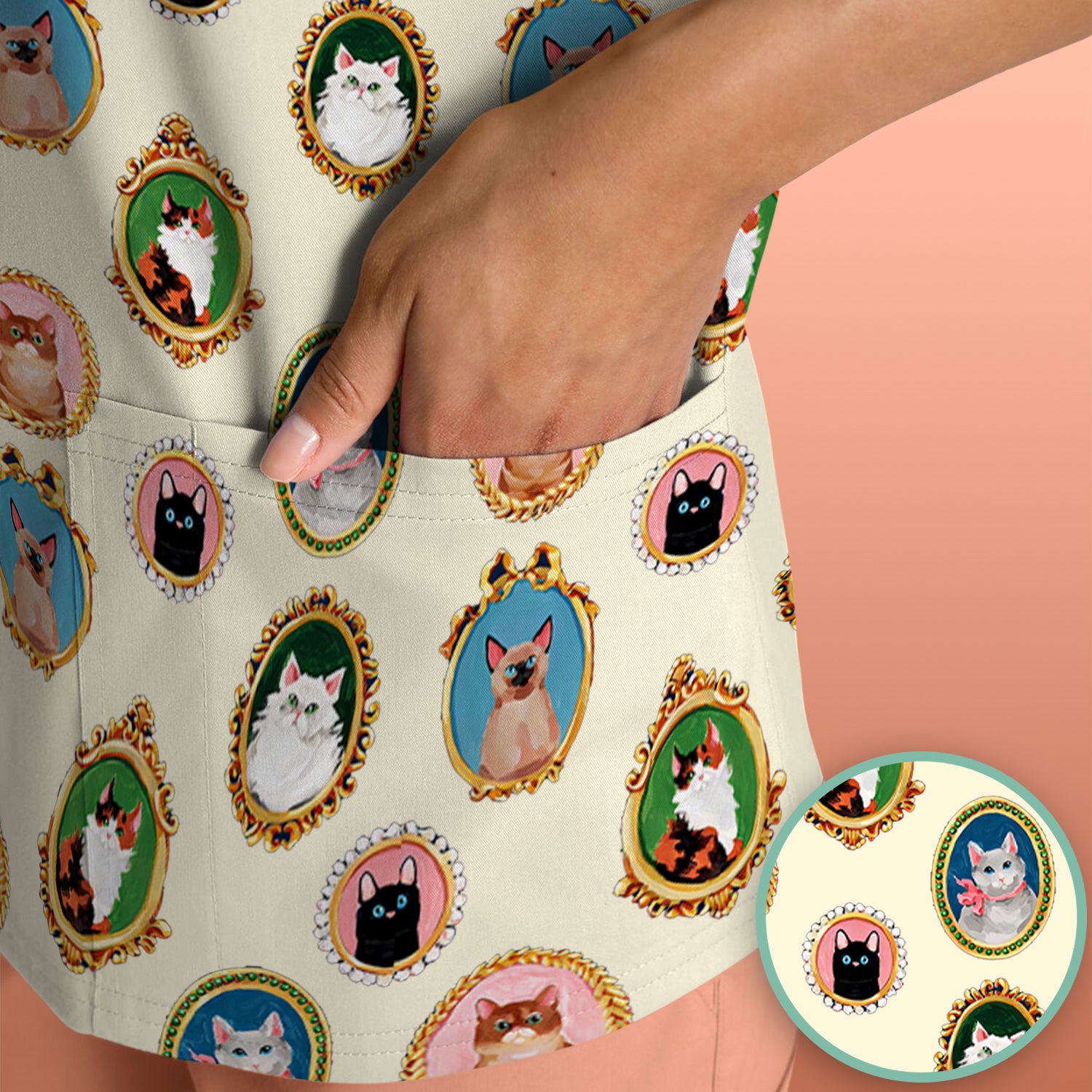 Vintage Cat Portrait Pattern Scrub Top, Breathable Medical Uniform Top