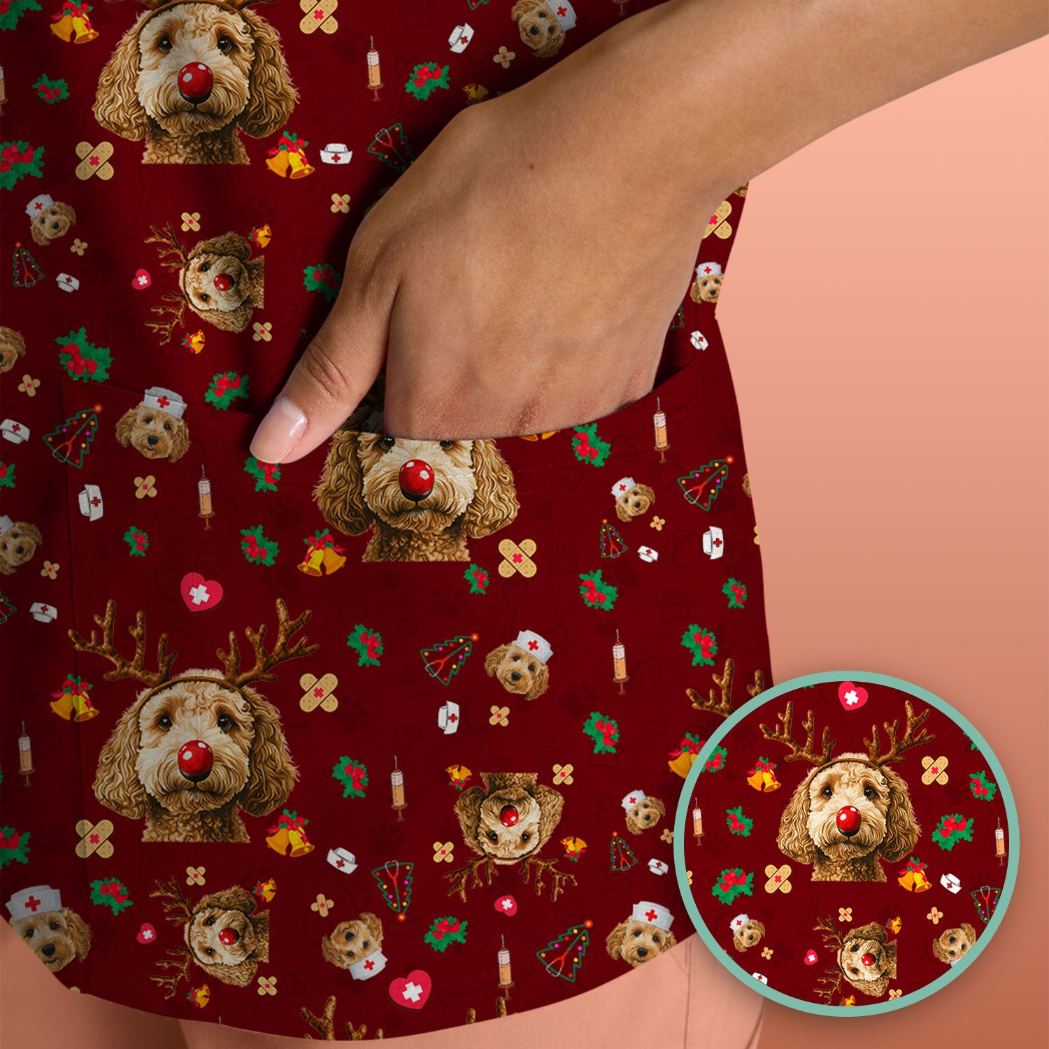Christmas Labradoodle Scrub Top - Funny Reindeer Dog Nurse Shirt - Cute Holiday Medical Uniform for Women Healthcare Gift