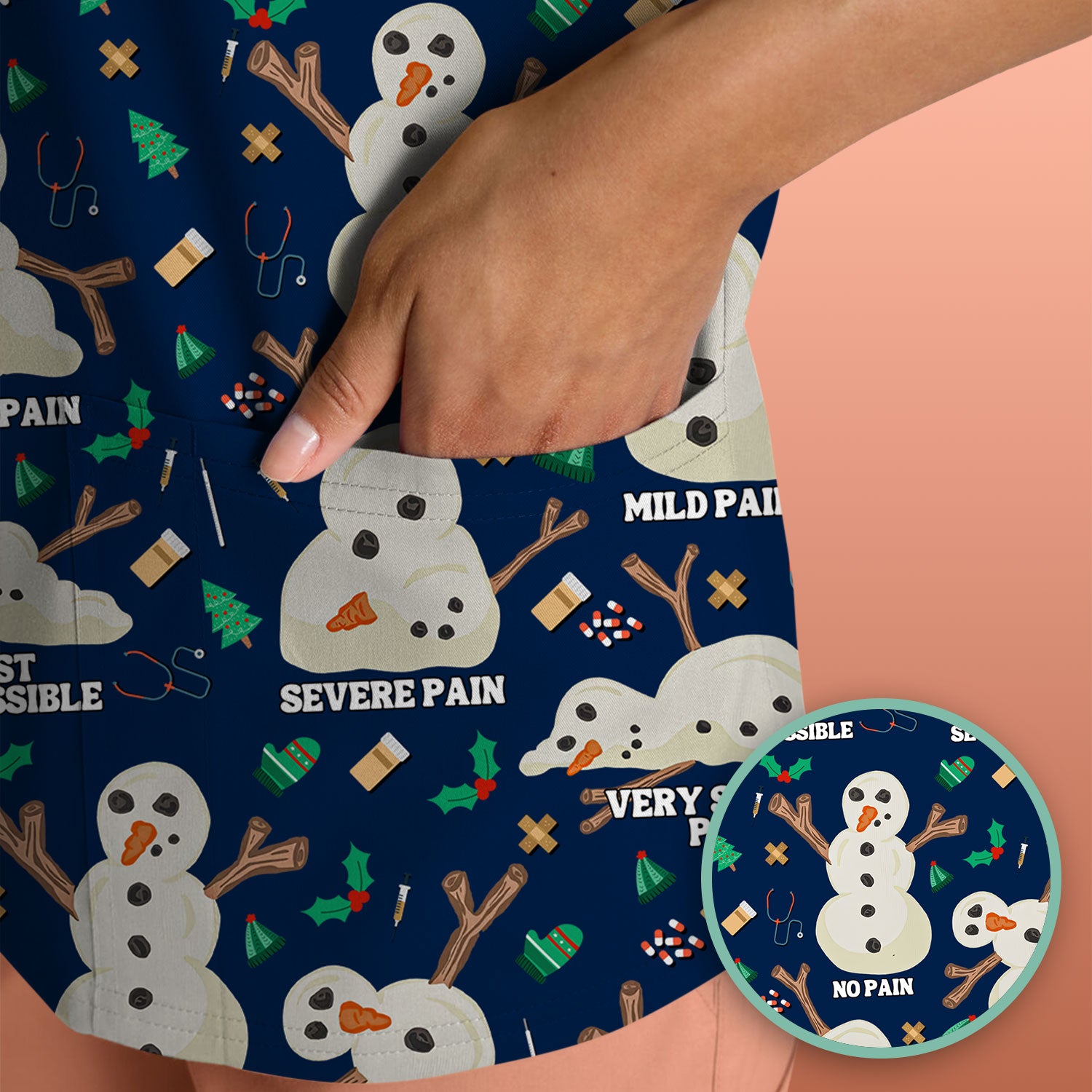 Funny Snowman Pain Scale Scrub Top for Nurse - Christmas Medical Shirt for Women RN LPN CNA - Cute Winter Nursing Uniform