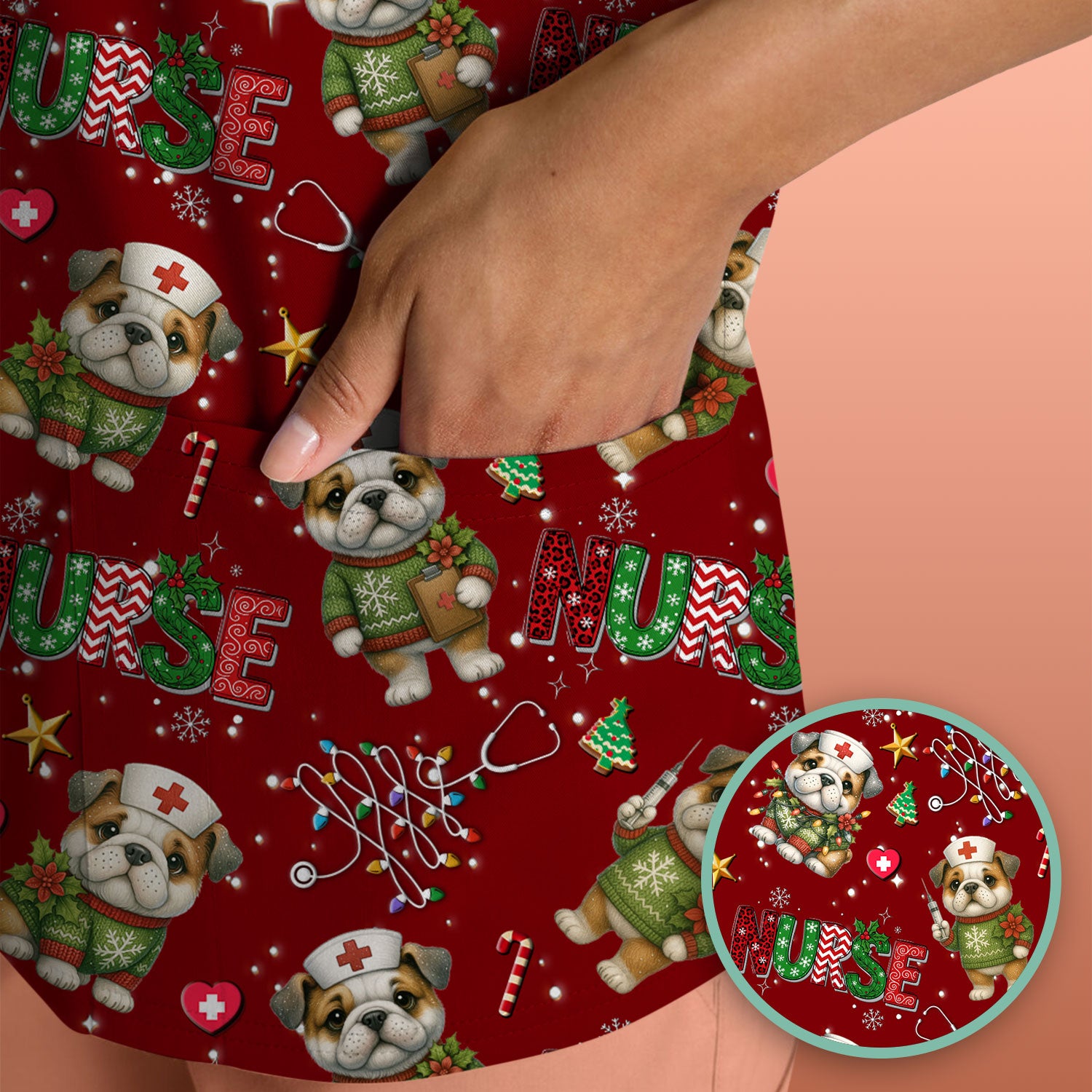 Bulldog Christmas Nurse Scrub Top - Funny Dog Scrub Shirt - Cute Holiday Medical Uniform for Women RN LPN CNA Gift