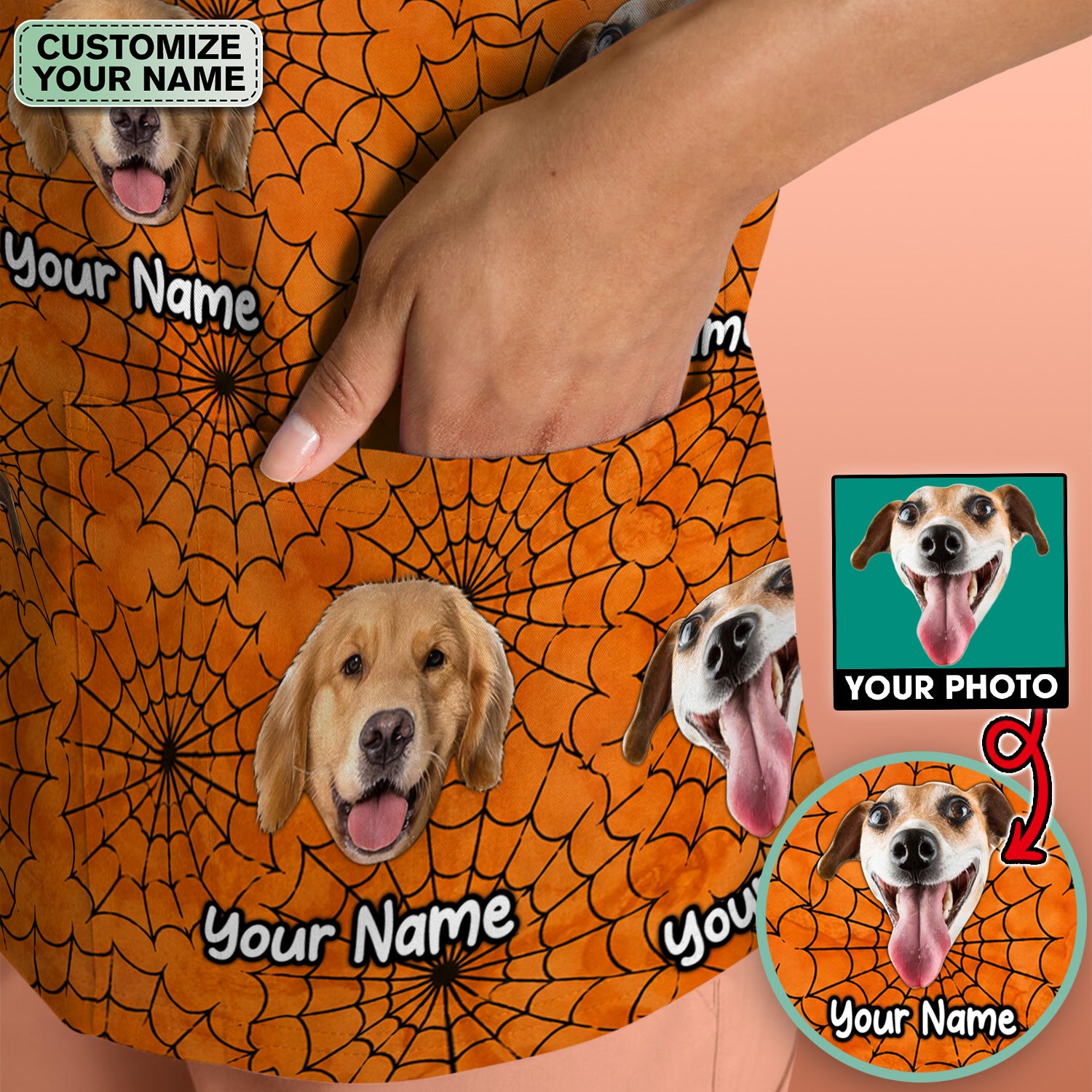 Personalized Halloween Dog Photo Spiderweb Scrub Top, Comfortable Scrubs for Nurses