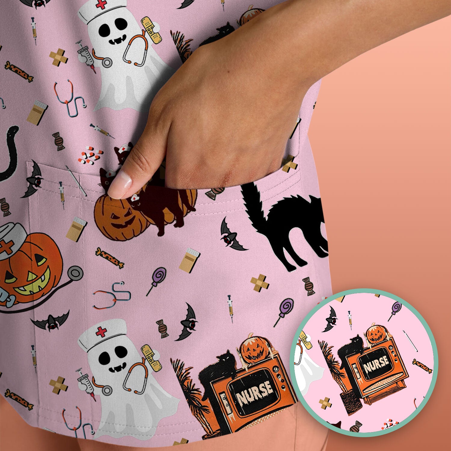 Halloween Scrub Top for Nurse - Cute Pumpkin Ghost Cat Medical Shirt - Spooky Scrubs for Women RN CNA LPN