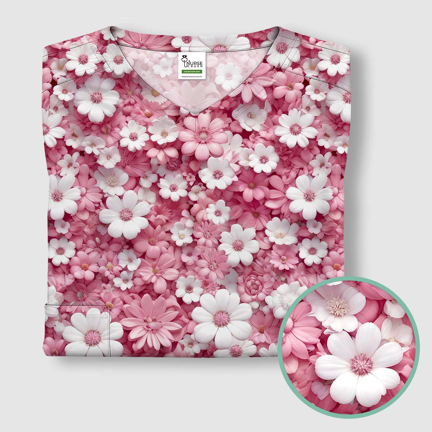 Cute Daisy Flower Bloom Pattern Scrub Top, Breathable Fabrics Nursing Uniform