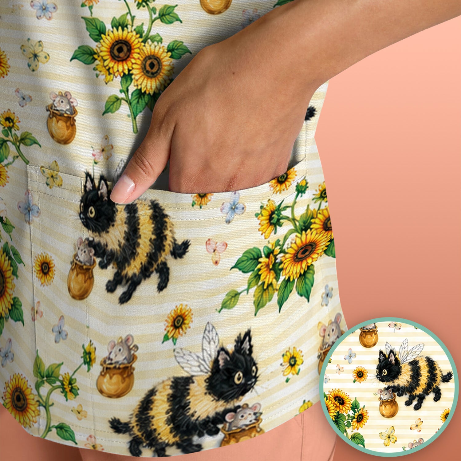 Cute Bumblebee Cat Sunflower Pattern Scrub Top, Comfortable Scrubs for Nurses
