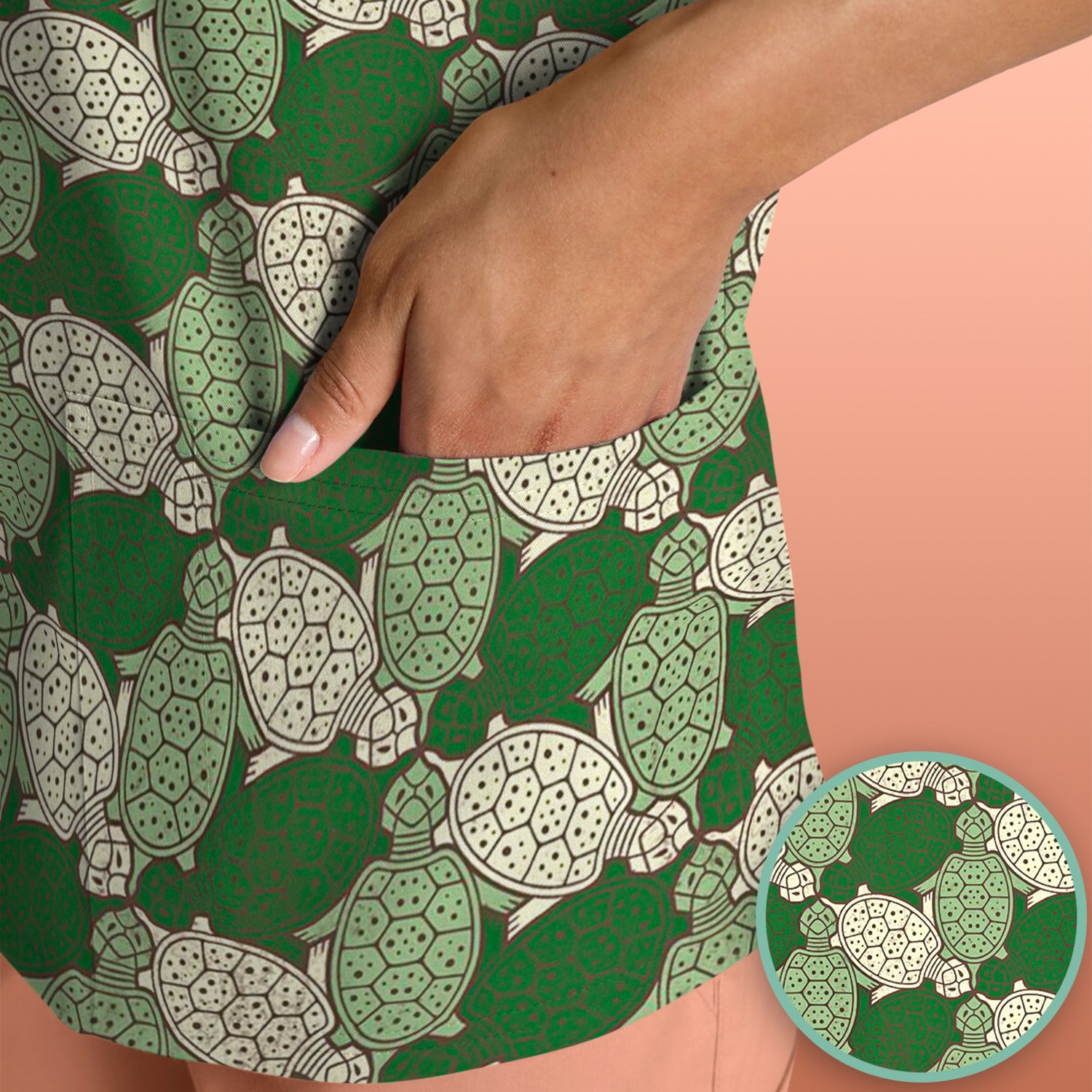 Green Sea Turtle Shell Pattern Scrub Top, Comfortable Scrubs for Nurses