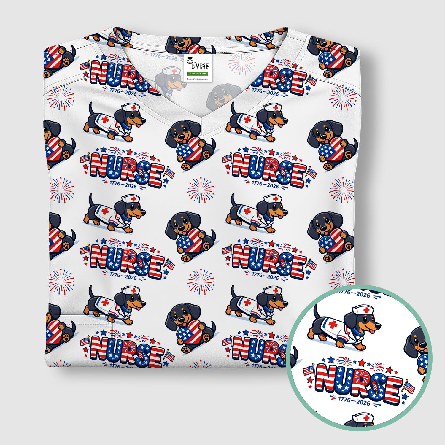 Proud Nurse Patriotic Dachshund Medical Firework Pattern Scrub Top, Comfortable Scrubs for Nurses