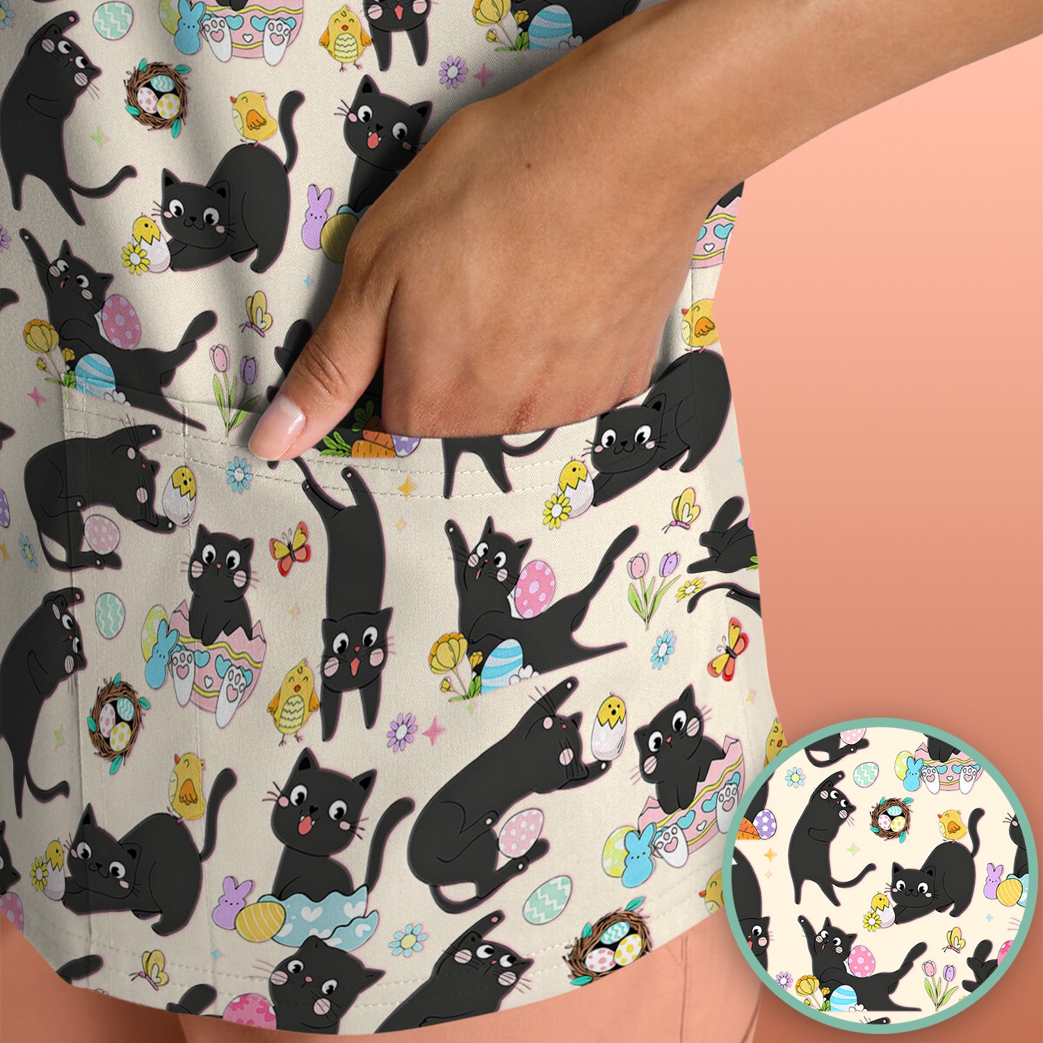 Playful Black Cat Easter Egg Pattern Scrub Top, Comfortable Scrubs for Nurses