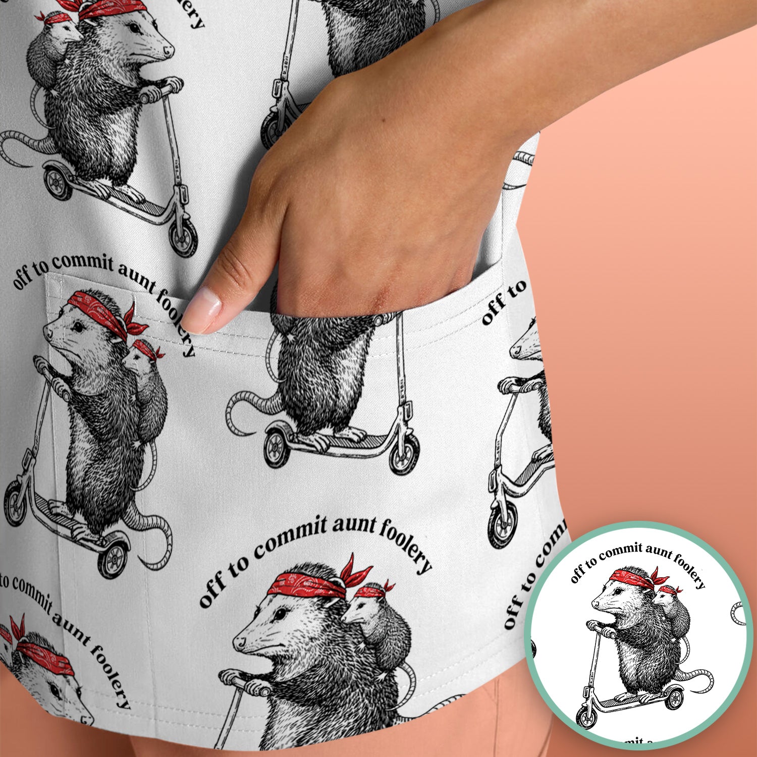 Aunt Foolery Opossum Pattern Scrub Top, Comfortable Scrubs for Nurses