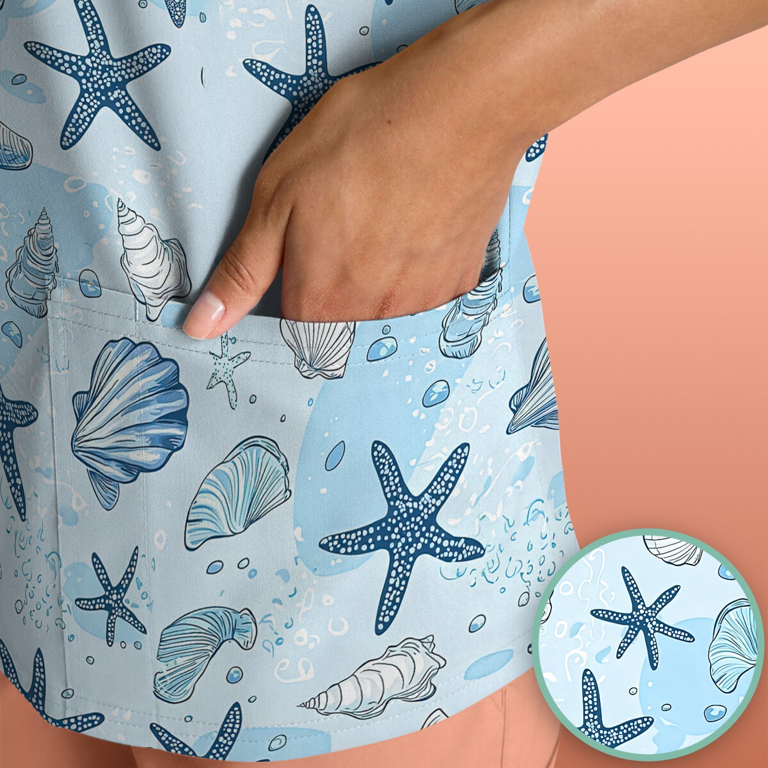 Ocean Shell And Starfish Print Scrub Top, Breathable Fabrics Nursing Uniform