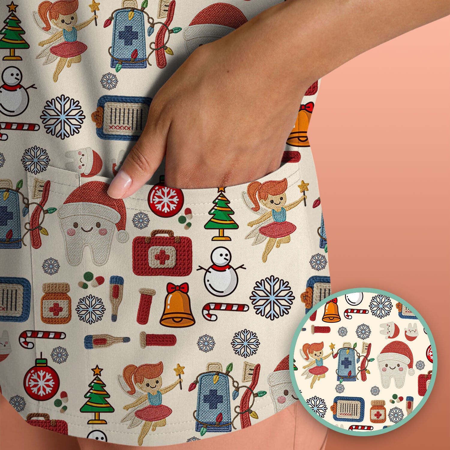 Christmas Dental Scrub Top - Cute Santa Tooth & Snowman Shirt - Festive Holiday Medical Uniform for Dentists, Hygienists & Nurses
