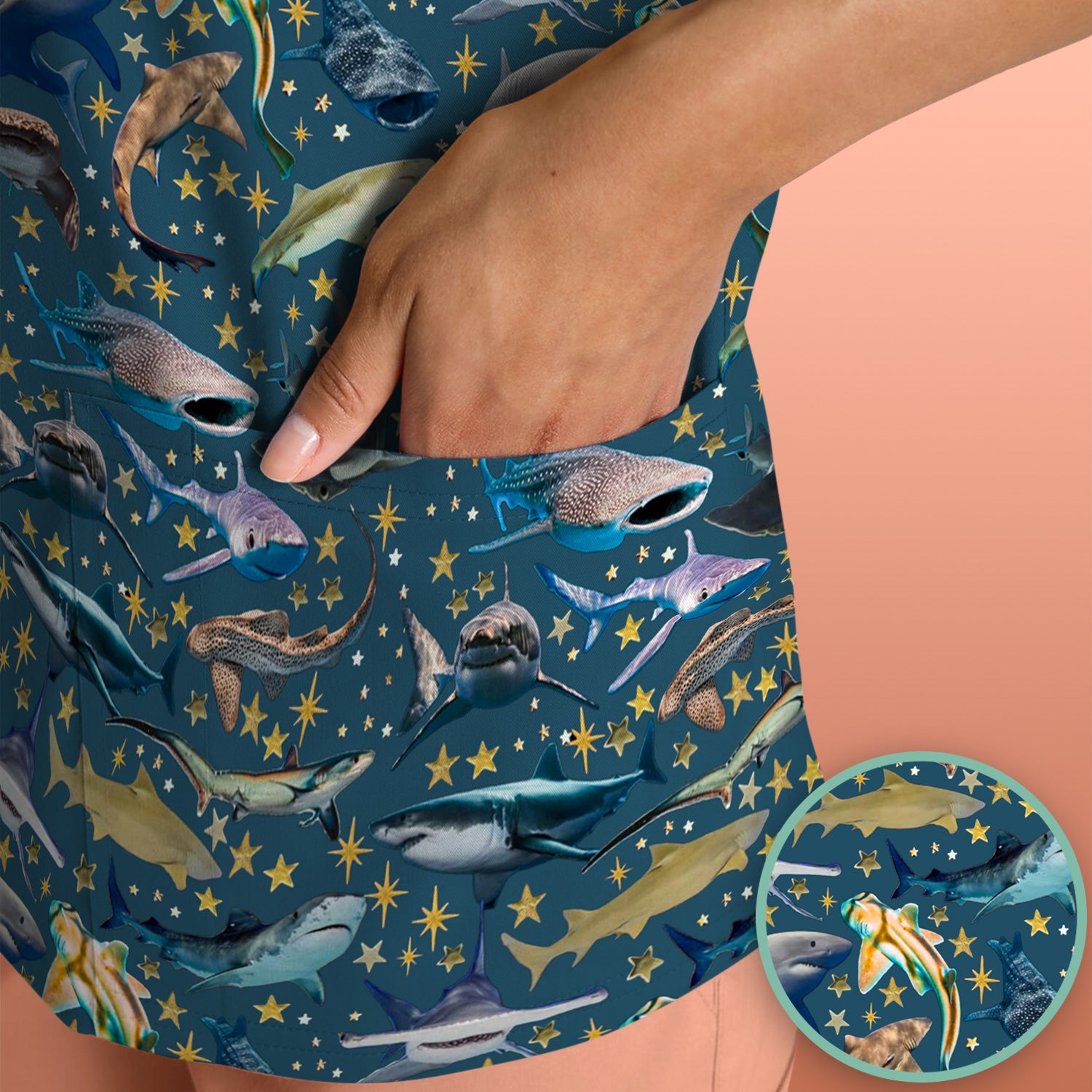 Colorful Shark Ocean Pattern Scrub Top, Breathable Fabrics Nursing Uniform