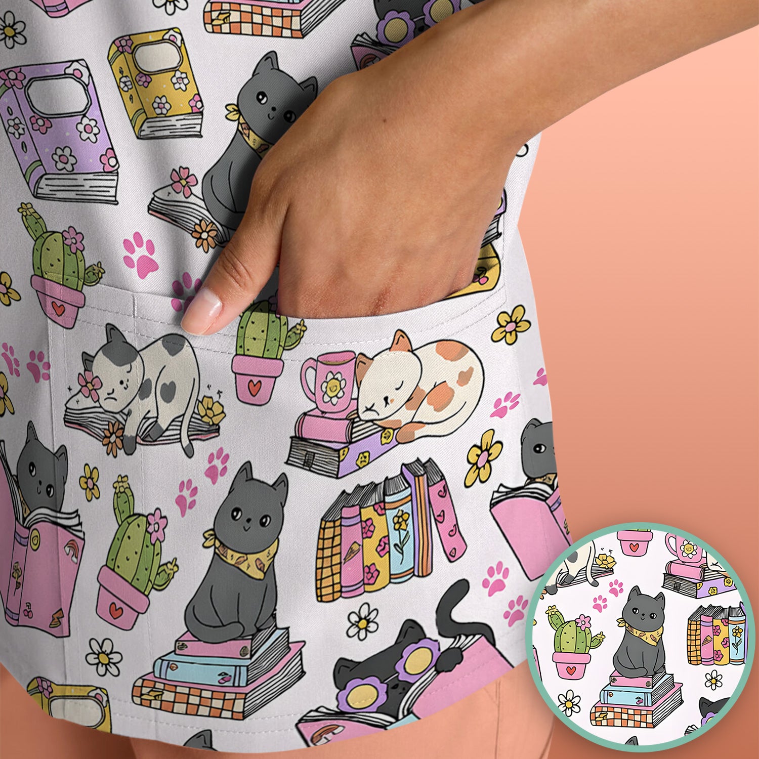 Cute Cat Book Cactus Seamless Pattern Scrub Top, Comfortable Scrubs for Nurses