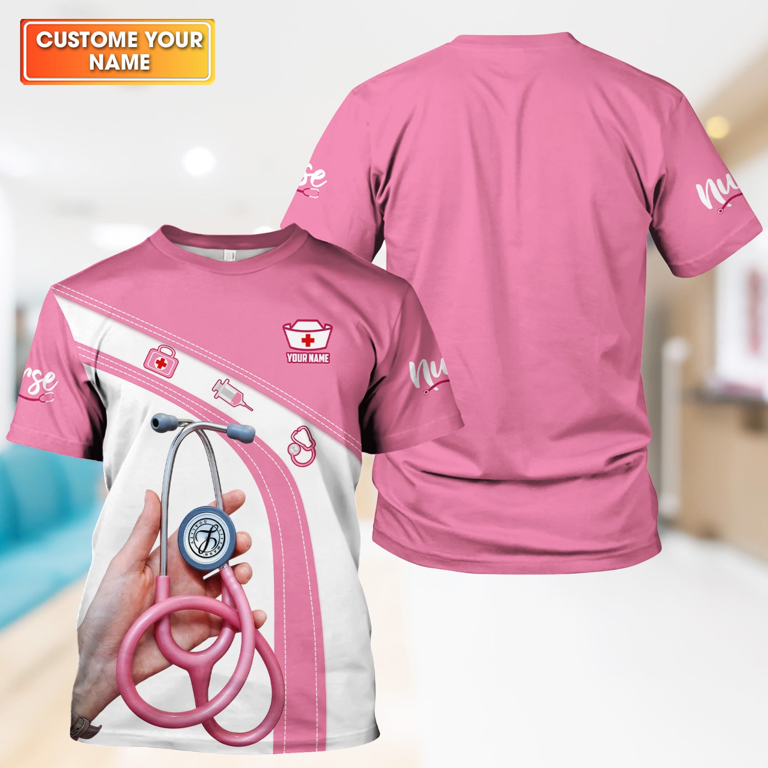 Custom Name Pink Nurse Shirt - Cute Stethoscope Gift for Female RN LPN CNA - Appreciation Week Medical Tee