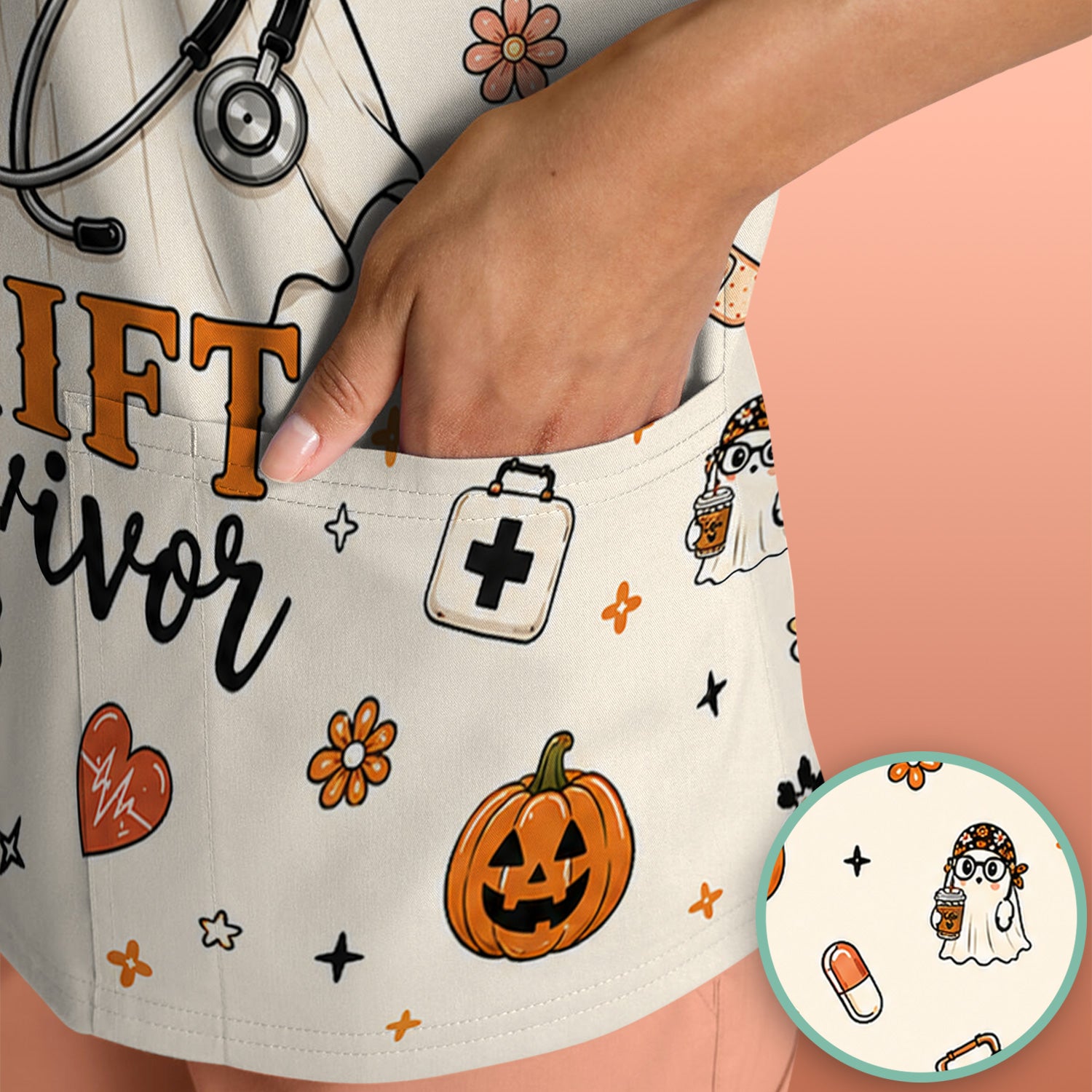 Halloween Shift Survivor Ghost Scrub Top, Comfortable Scrubs for Nurses