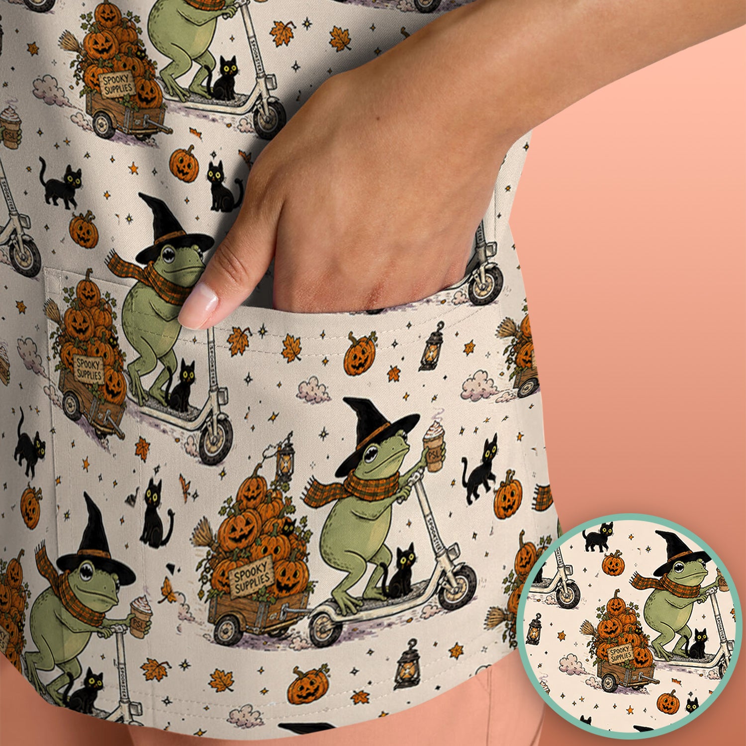 Cute Halloween Witch Frog And Pumpkins Scrub Top, Comfortable Scrubs for Nurses